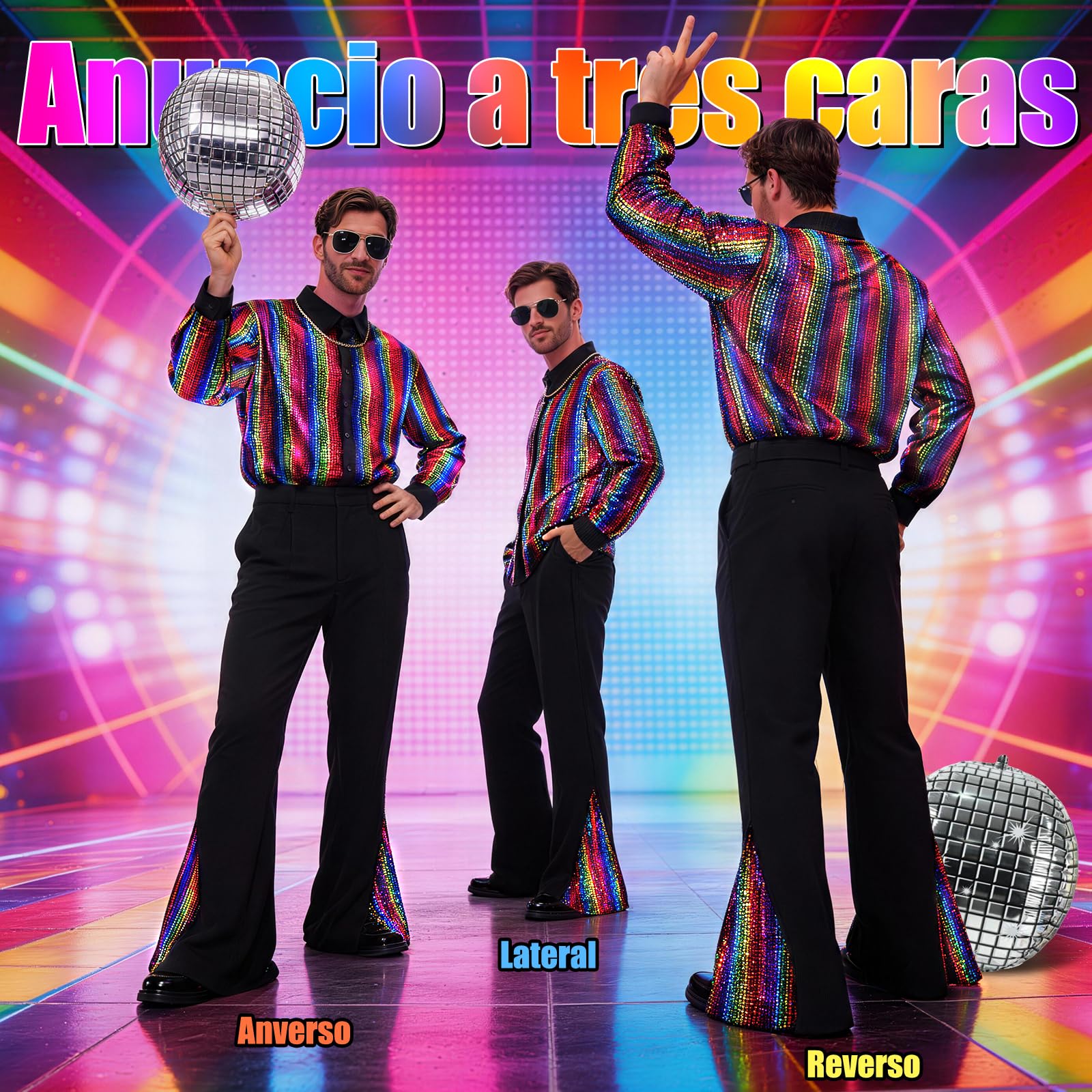 PATEMZON Disfraz de Discoteca para Hombre, 70s Disco Adulto Costumes Disfraz Hippie, Camisa Retro Pantalones de Campana Peluca Gafas de Collar Bigote para Carnaval y Fiesta Temática