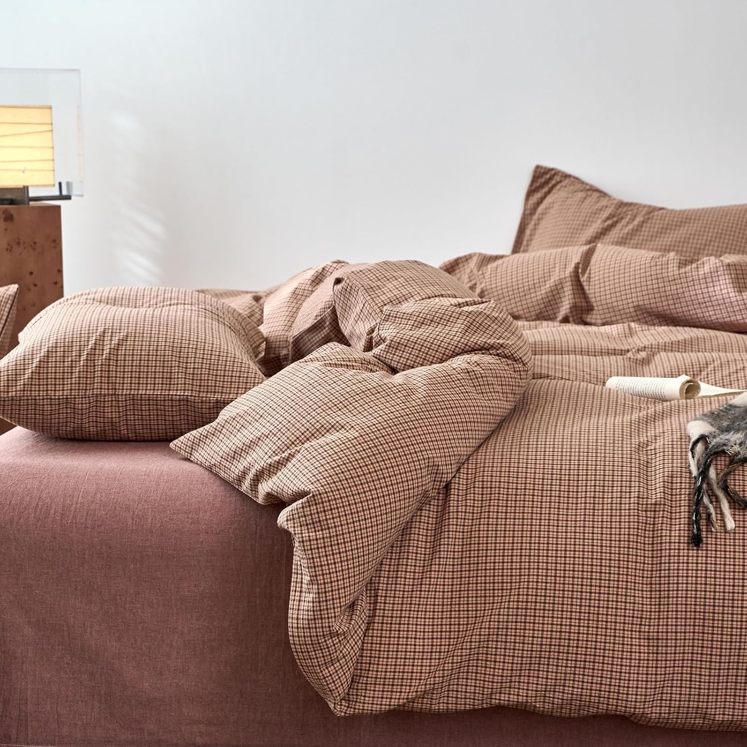 HighBuy Vintage Mauve Gingham Plaid Duvet Cover Set Full - 3 Piece Washed Cotton Linen Textured Bedding Set with Grid Checkered Pattern,Breathable Farmhouse Comforter Cover with Pillowcases