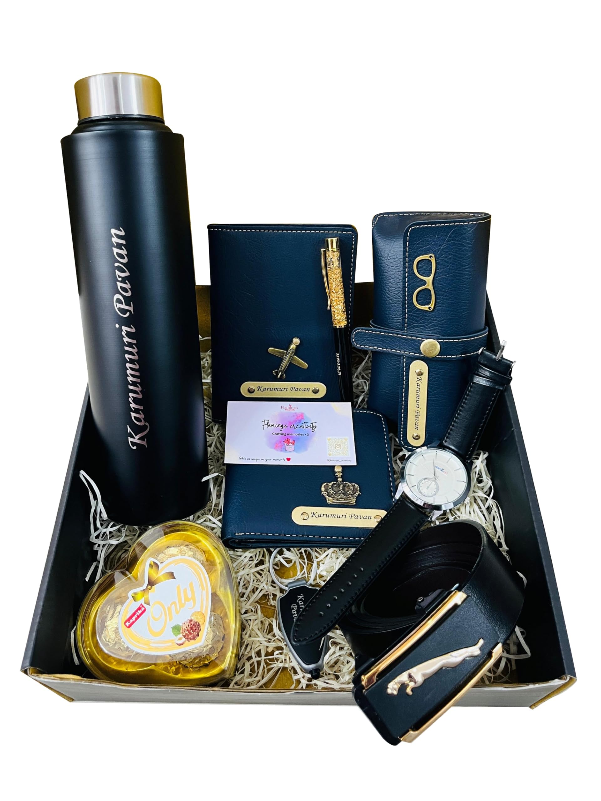 Your Name Customized Mens Gift Hamper Set with Steel Water Bottle, Heart Chocolate, Wallet, Belt, Passport Cover, Sunglasses Cover, Watch and Wishing Card (Black)-image-34