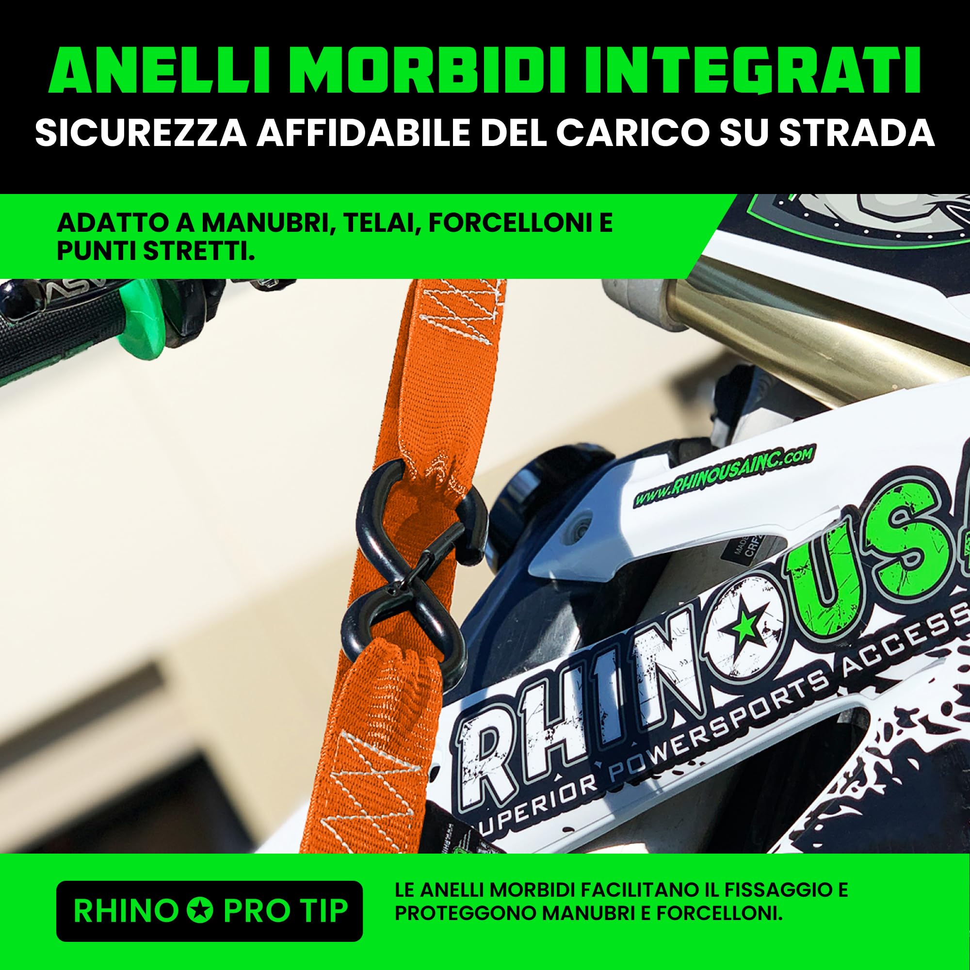 Rhino USA Cinghie a Cricchetto per Moto 1000 kg - Cinghie di Fissaggio a Cricchetto - 2 Pz - Cinghie con Ganci a S con Sicura - Cinghia a Cricchetto - per Viaggio Trasporto Trasloco - Orange