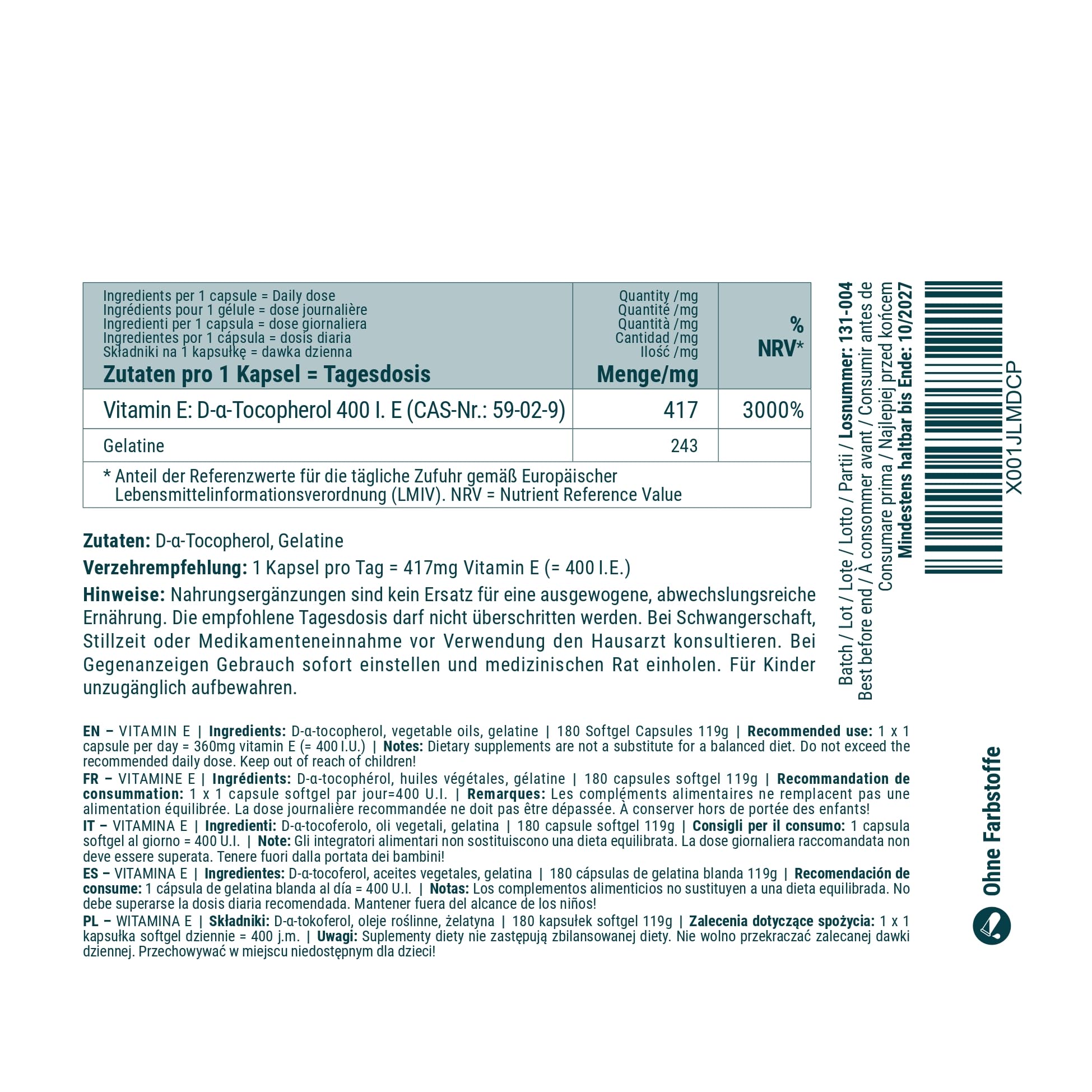 Vitamin E 400 I.E. - 360 mg D-Alpha-Tocopherol - Natürliche E-Vitamine als Nahrungsergänzungsmittel - Starkes Antioxidans - 180 Kapseln