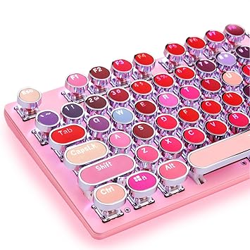 DoubleW Typewriter Keyboard with White LED Backlit, Retro Steampunk Vintage Style Mechanical Gaming Keyboard 104 Keys Anti-Ghosting Blue Switch Round Keycaps Metal Panel Wired USB for PC and Mac, Pink