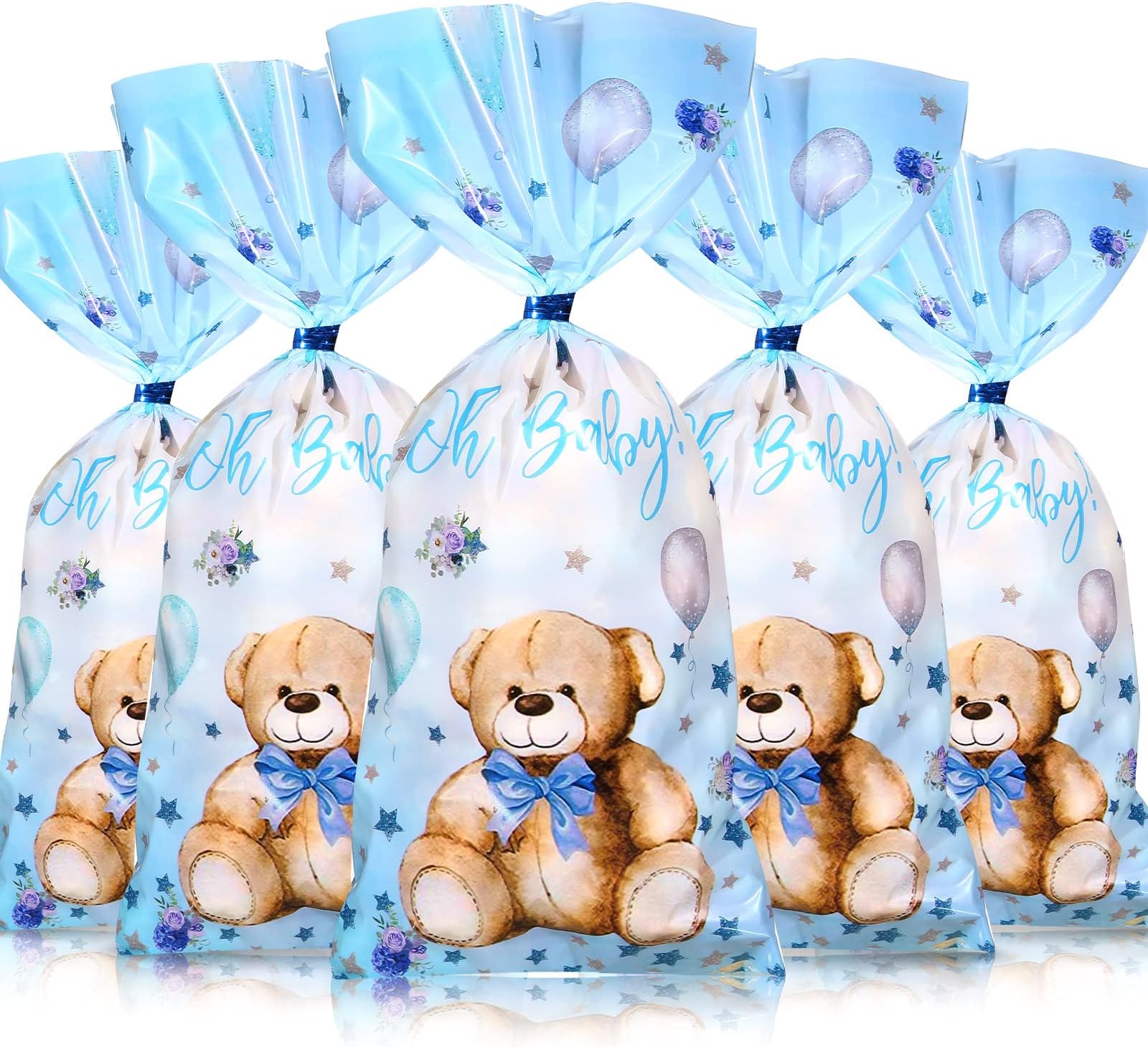 Pajean 100 Pack Bear Baby Shower Treat Bags Bear Cellophane Bulk Plastic Goodie Candy Gift Bags with Metallic Twist Ties for Gender Reveal Birthday Party Favors(Blue)