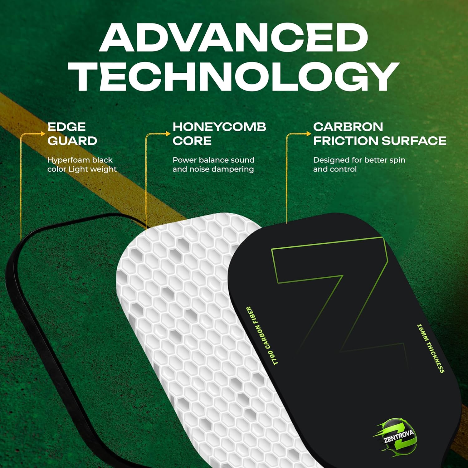 ZENTROVA Carbon Fiber Pickleball Paddle, Lightweight T700 Raw Carbon Surface Pickleball Paddle 16mm Thickness with 2 Pickleballs, Paddle Cover, Wristband, Grip Tape & Carrying Case - for Men & Women