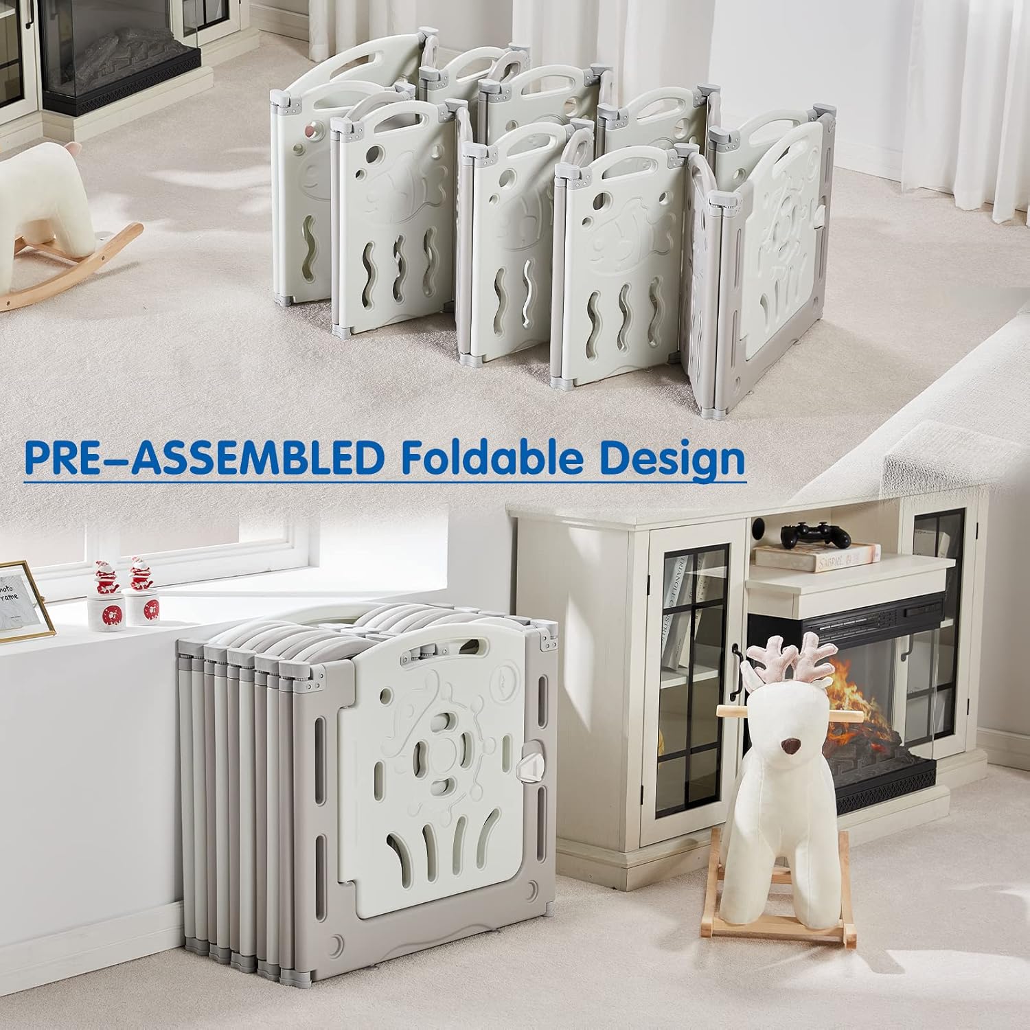 Jocisland 14-Panel Baby Playpen, Foldable Play Yard with Lockable Gate, Adjustable Shape & Portable Design, Safety Activity Center for Indoor & Outdoor Use (Grey and White) - Image 6