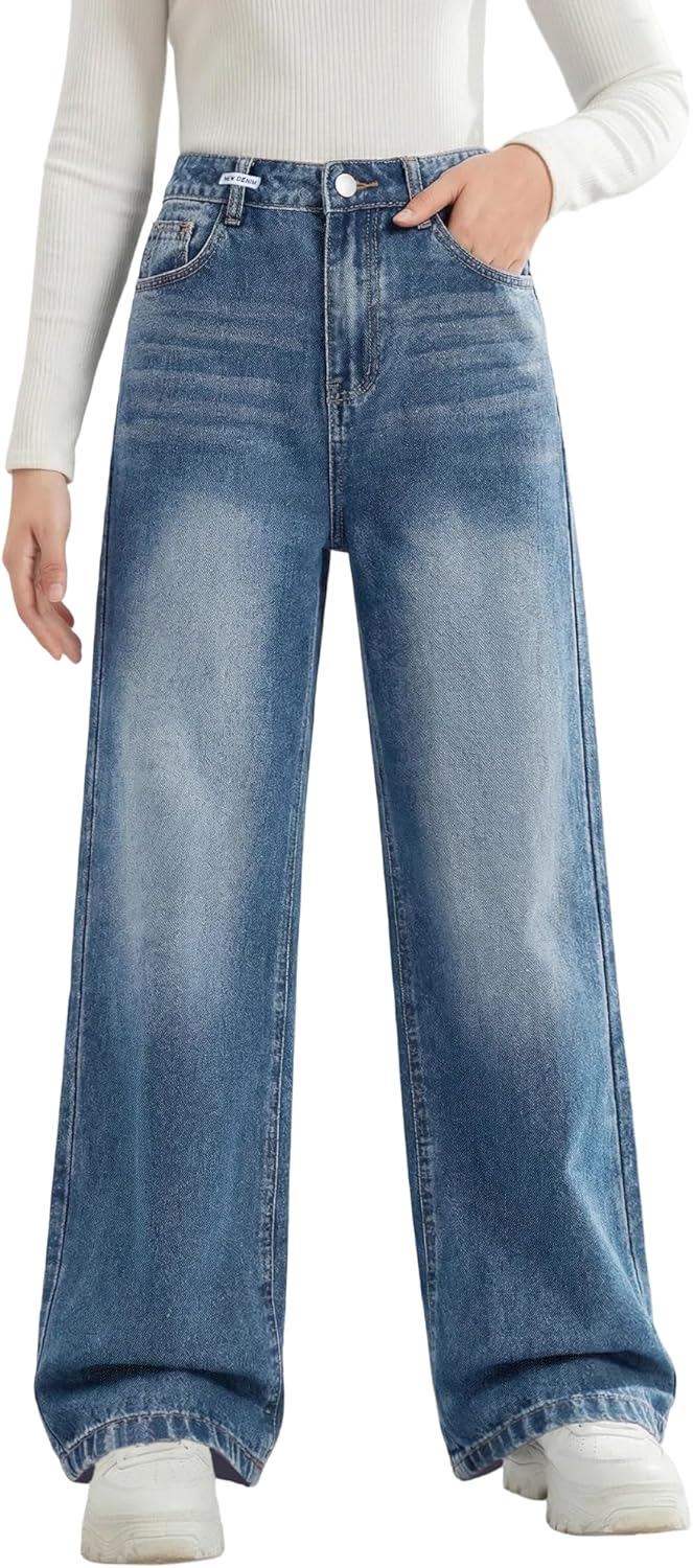 Girls Ripped Jeans Wide Leg Denim Pants Cute Cotton Fall Clothes for Kids Streetwear