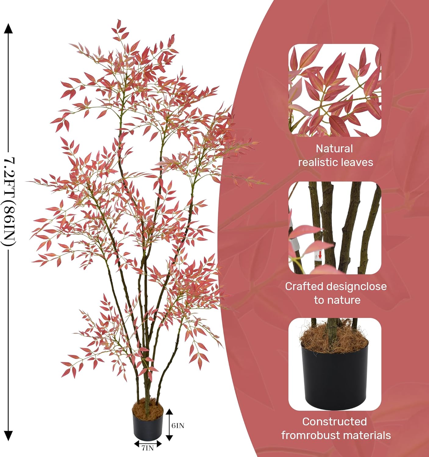 Artificial Bamboo Tree 7.2FT(86in) Tall Faux Nandina Plants with Realistic Leaves and Trunks, Fake Floor Potted Artificial Trees for Home Office Living Room Indoor Outdoor Decor (7.2feet,1Pack) - Image 2