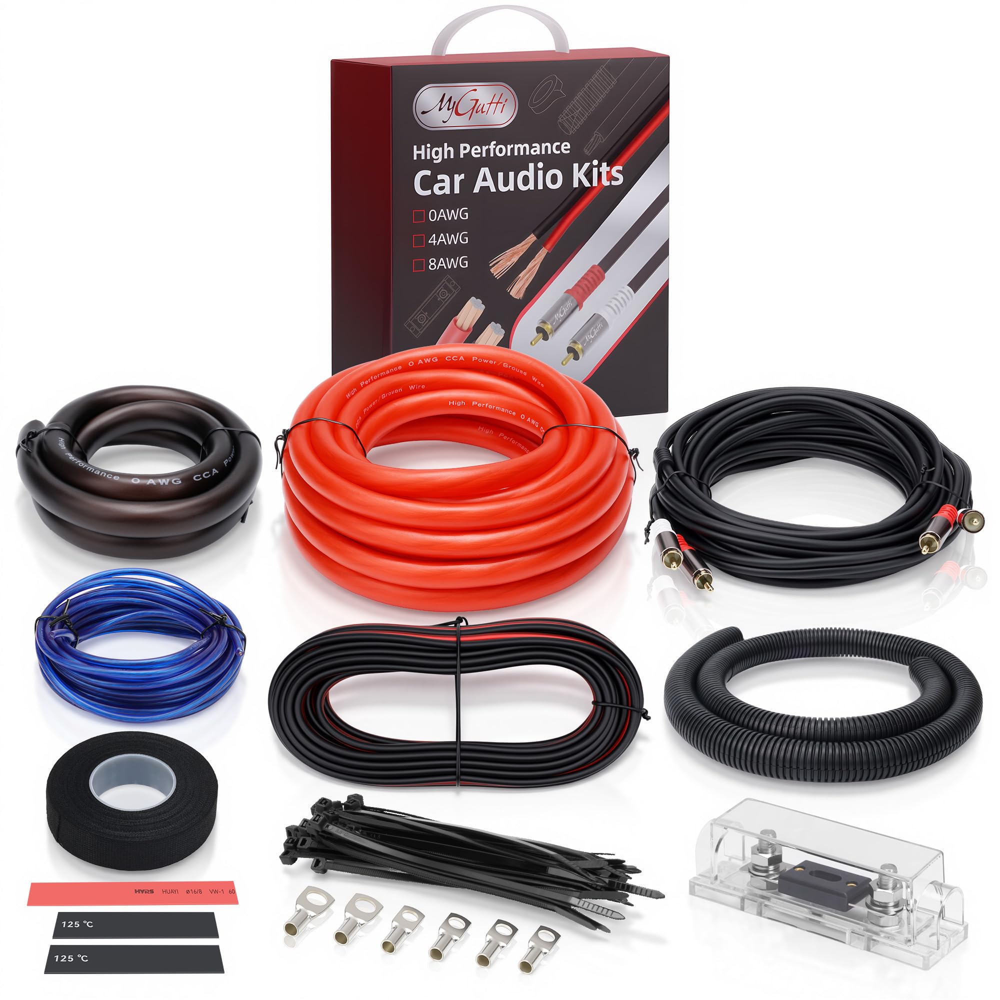 1/0 Gauge Complete Car Amplifier Installation Wiring Kit, Premium CCA Automotive Audio Systems Cable with OFC 2-Channel RCA Cable & Full Accessories, Brings Power to Radio, Subwoofer and Speaker, DIY