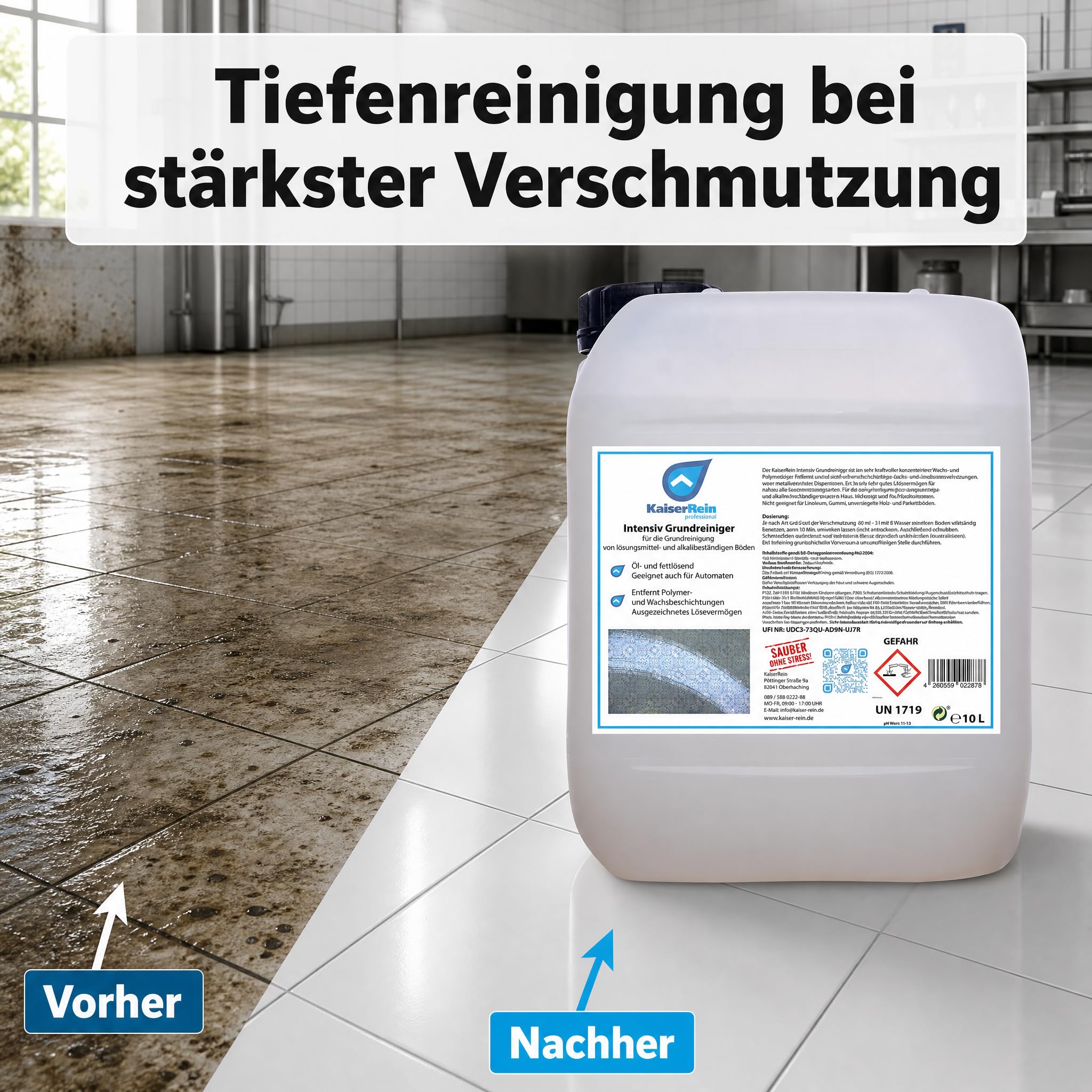 KaiserRein Grundreiniger Intensiv-Bodenreiniger Konzentrat, 10 L Kanister, entfernt Wachs/Polymer, öl- und fettlösend, für Fliesen, Stein, Laminat, Reinigungsautomaten, alkalischer Reiniger