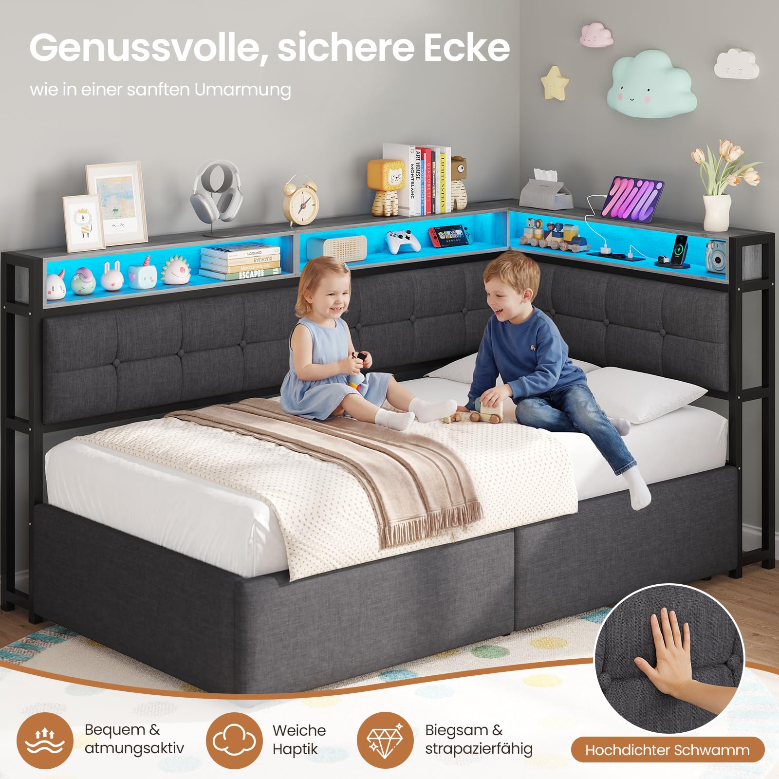 DICTAC Polsterbett 90x200 mit Stauraum, LED & Ladestation | Jugendbett 90x200 mit Hydraulischer Bettkasten, zweistöckiges Ablagefach |Tagesbett Einzelbett in Grau– für Kinder,Jugendliche & Erwachsene