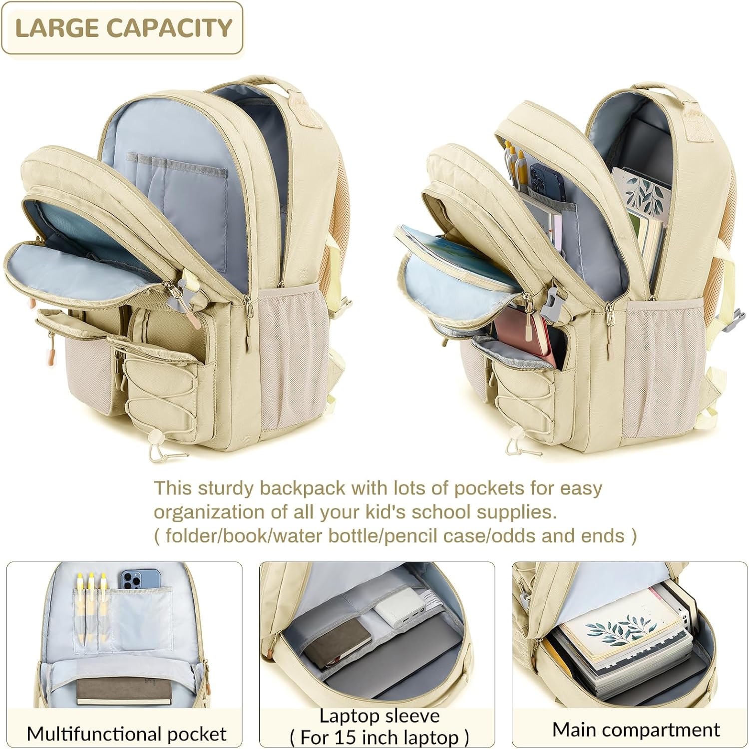 Lohol Water Resistant Backpack with Mulitiple Pockets for Travel Outdoor College, 15.6 inch Laptop Bookbag for Girl and Women (Beige) - Image 4