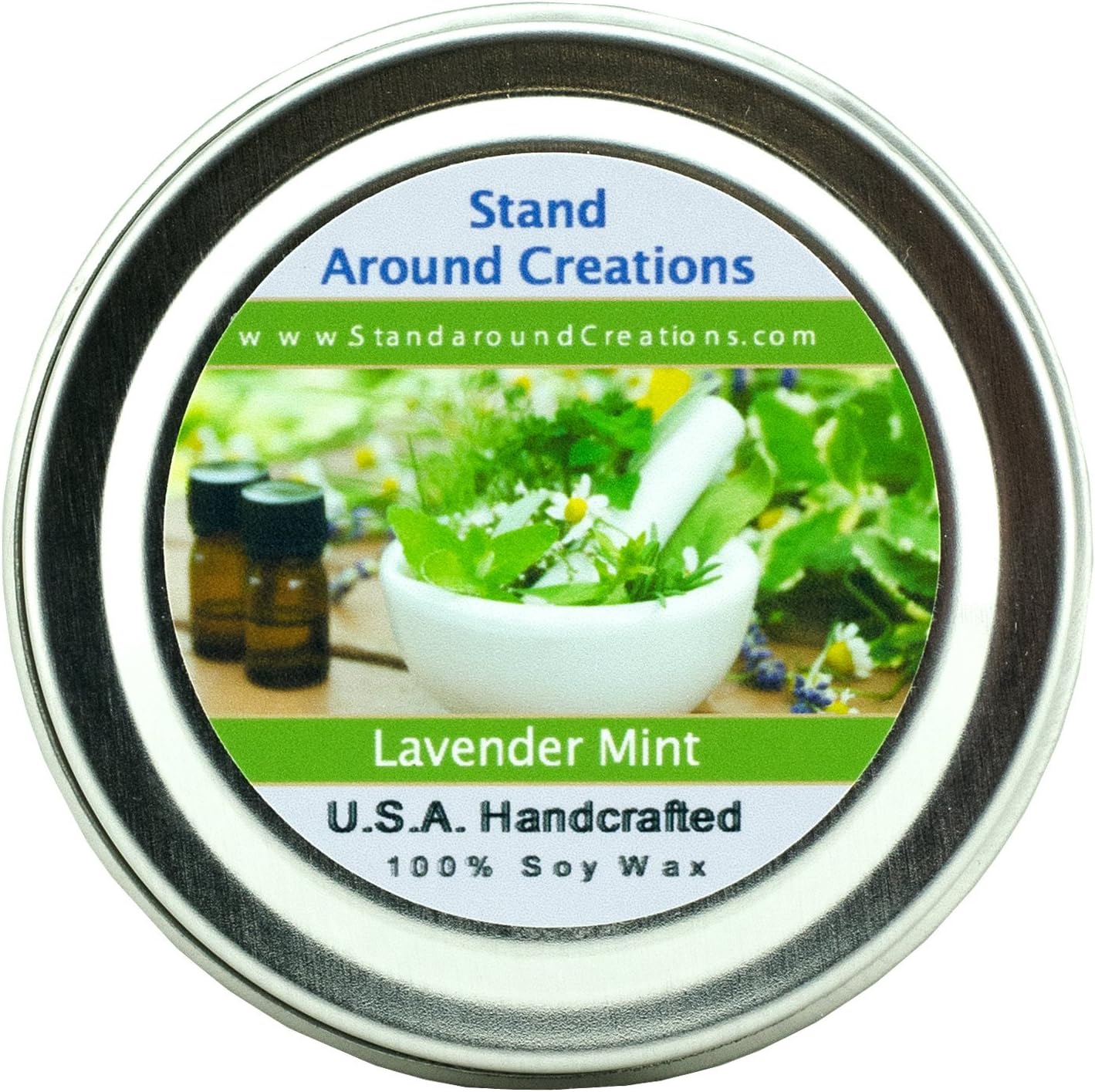 Premium 100% All Natural Soy Wax Aromatherapy Candle - 2oz Tin - Lavender Mint: A Well-Balanced Herbal Blend of Earthy Lavender Flowers and Fresh Peppermint and Spearmint sprigs.