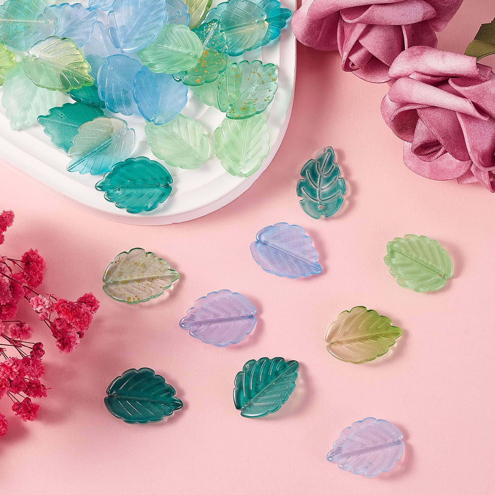 Airssory 100 Pcs Glass Crystal Green Leaf Charms Small Drop Dangle