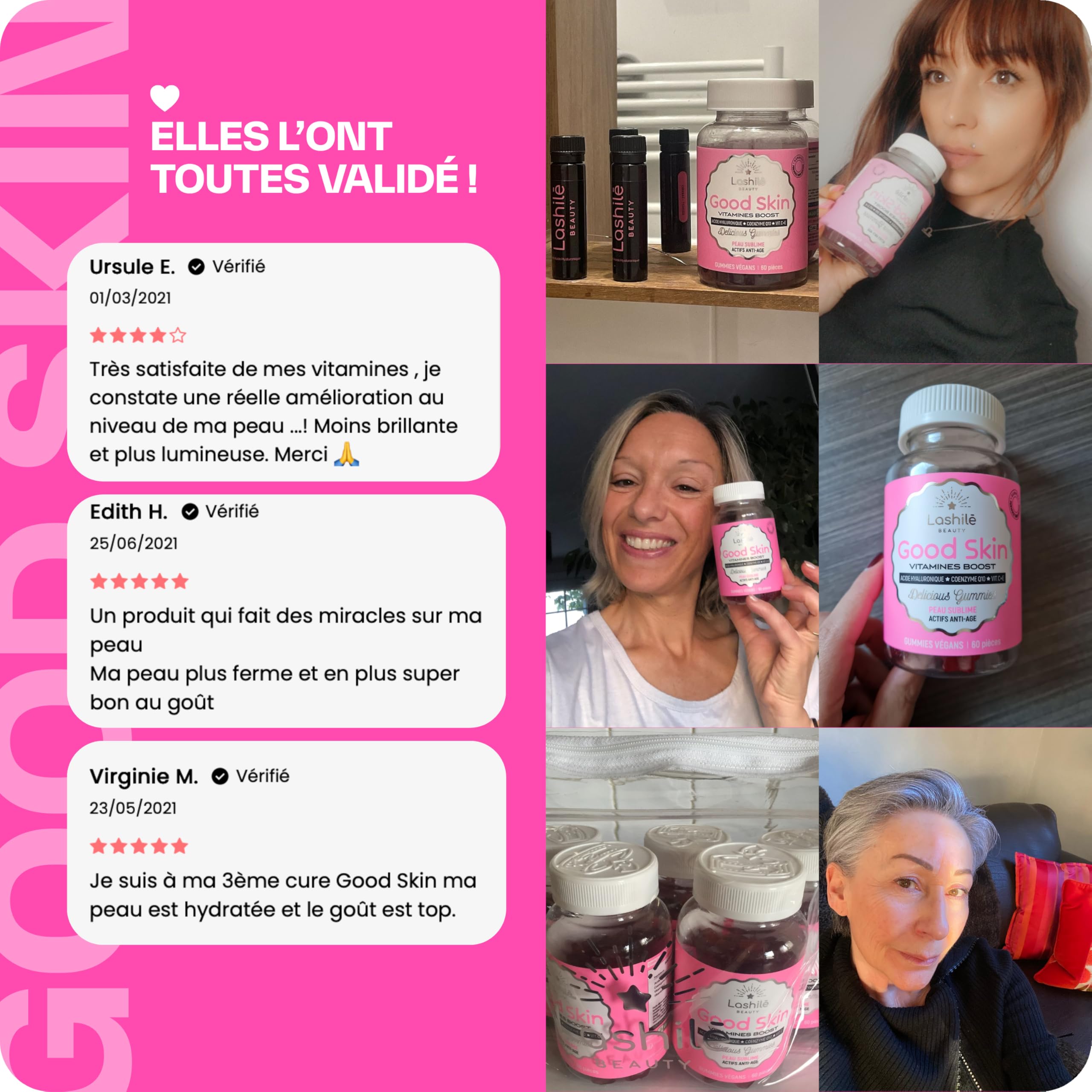 Lashilé Beauty - Gummies Anti-Âge + Anti-Rides - Fermeté & Éclat de la peau - Good Skin Vitamines -Complément Alimentaire Peau - Acide Hyaluronique Q10 Vitamines C & E - Cure 3 Mois 180 Gummies