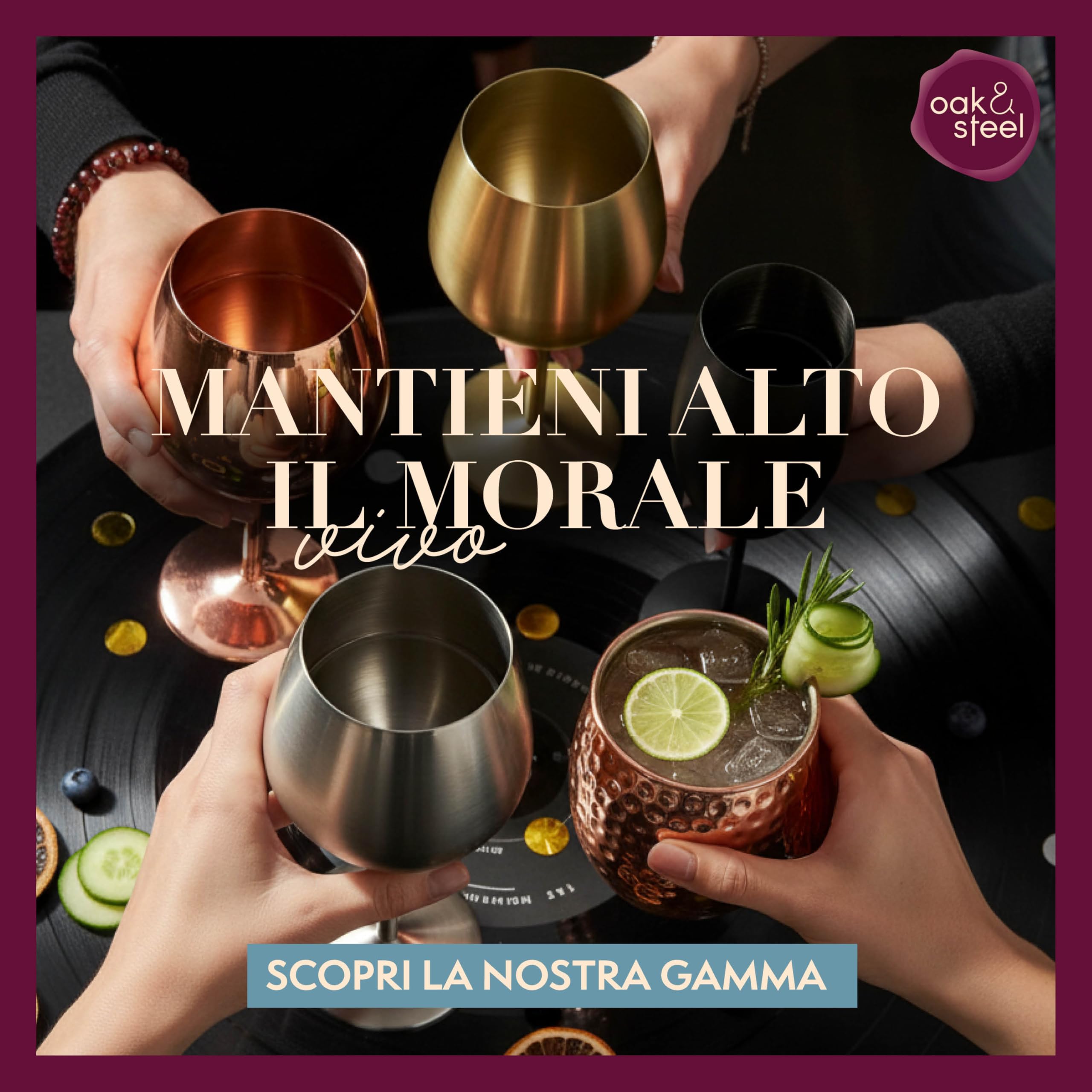 Oak And Steel - 2 Calici Da Vino In Oro, 520ml - Calici Da Vino In Acciaio Inox Con Scatola Regalo