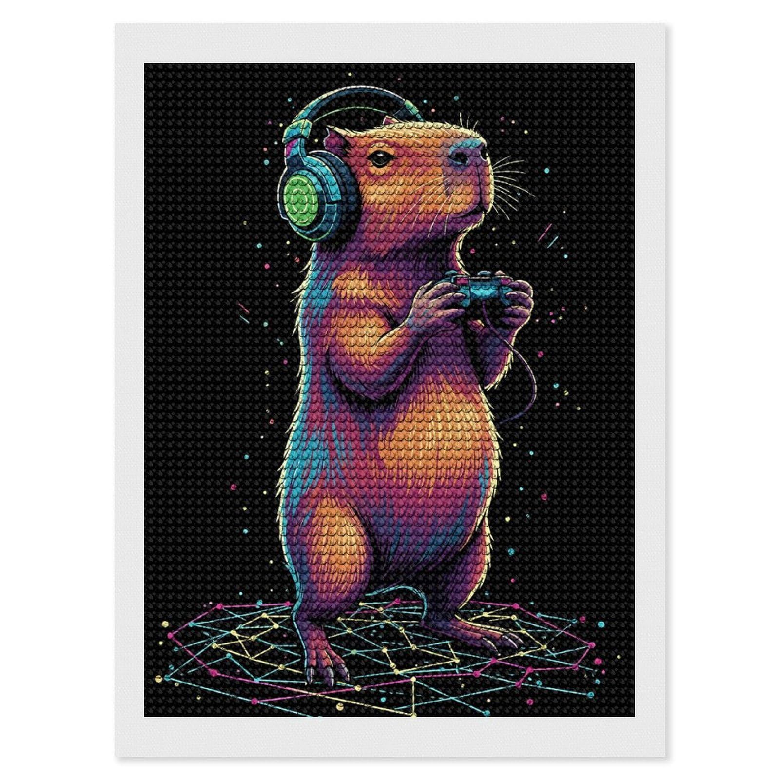 Junmoney Capybara Gamer with Headphones(2) DIY Diamond Art Canvas Kit 12"x16", for Teens, Aesthetic Room Decor, Farmhouse Decor, Canvas Picture, Birthday Gift