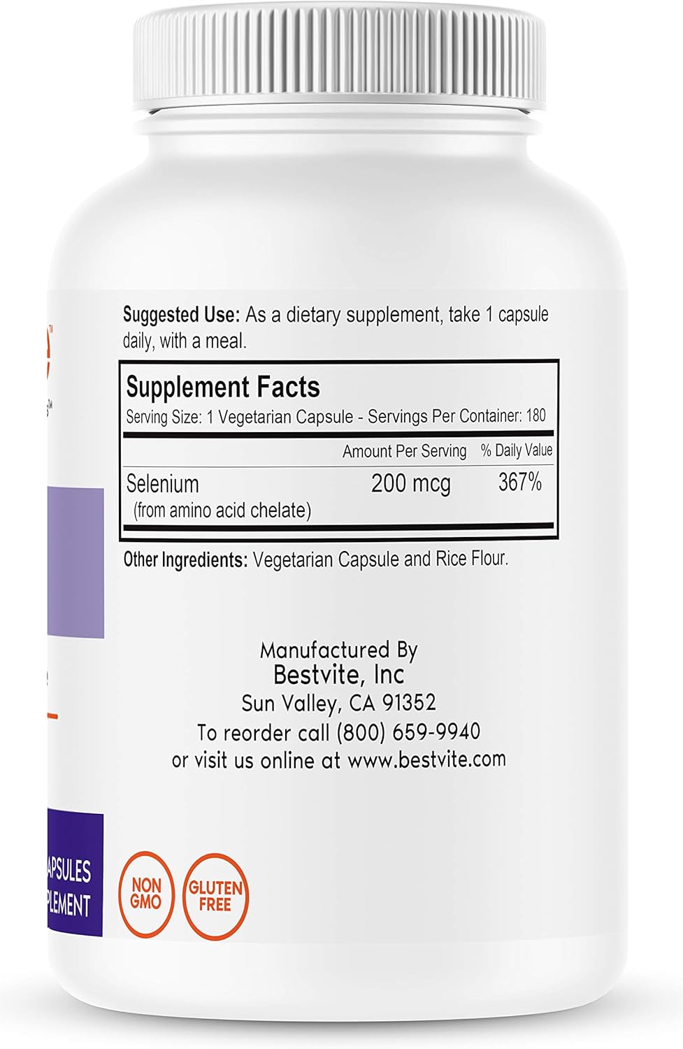 Selenium 200mcg (180 Vegetarian Capsules) - No Stearates - No Flow Agents - Vegan - Non-GMO - Gluten Free : Health & Household