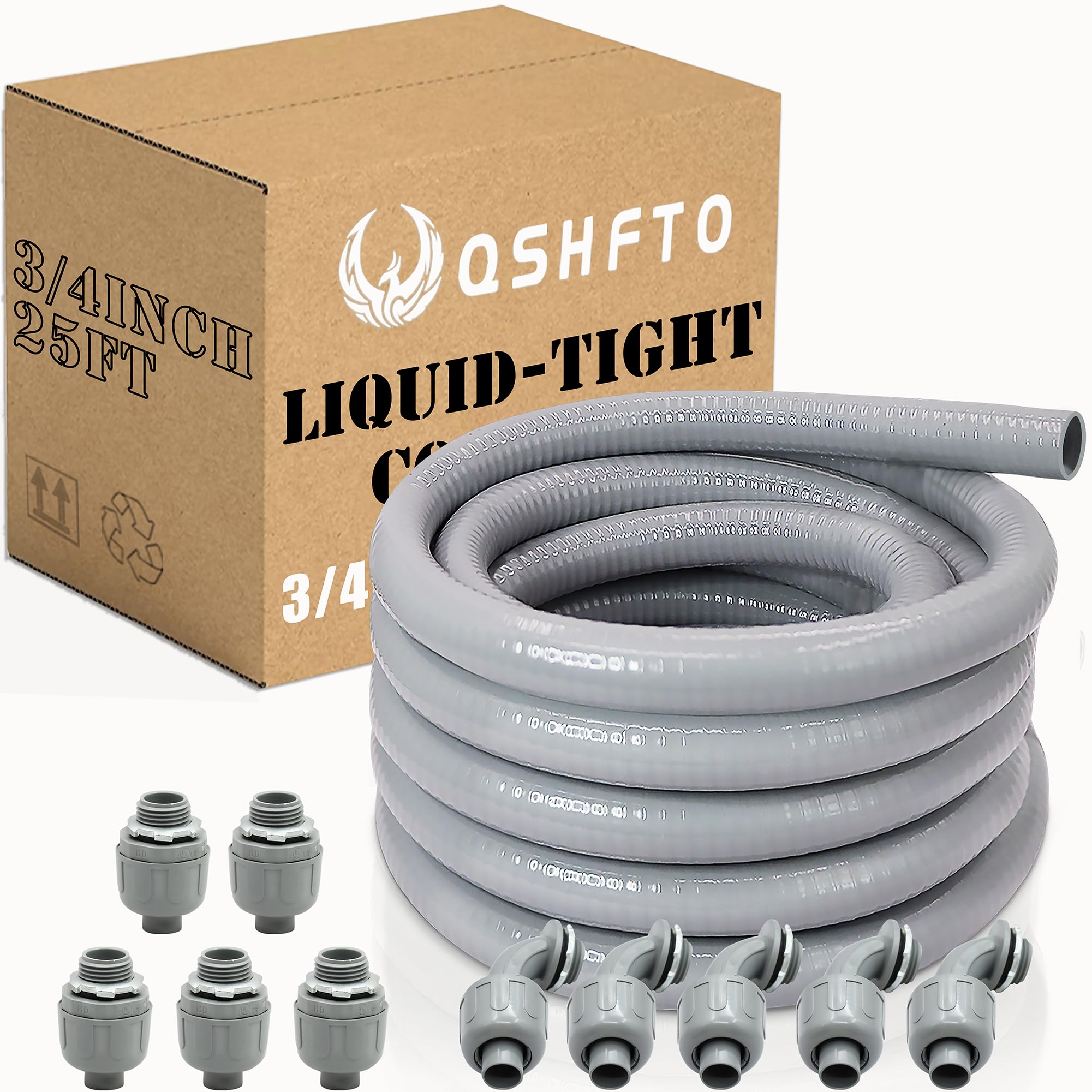 3/4 Inch Liquid-Tight Conduit and Connector Kit - 25 FT Non-Metallic Electrical Conduit with 5 Pcs 180° Straight and 5 Pcs 90° Angle Fittings