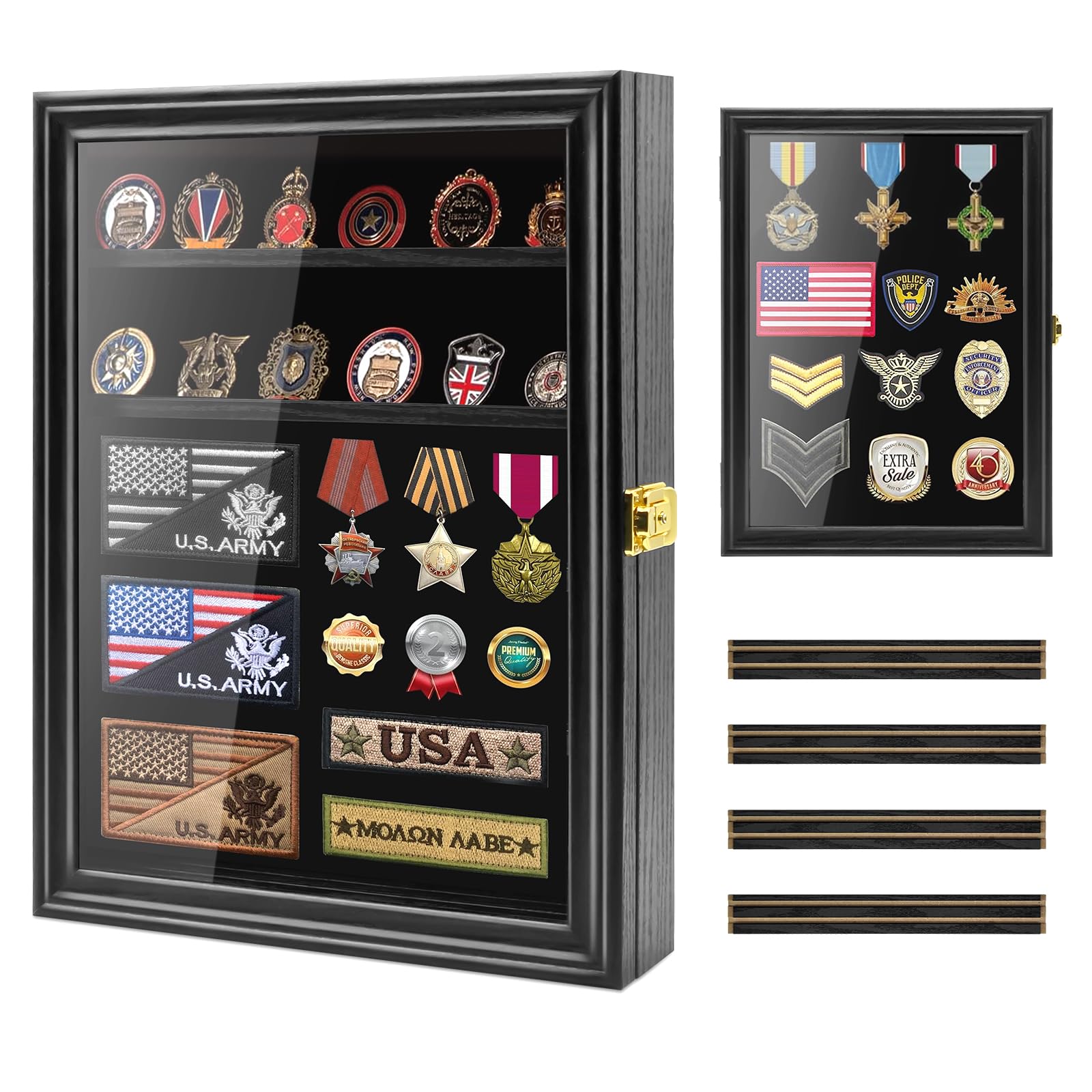 PiaoHao Medals Display Case Wall Frame for Collector, Military Challenge Coins Holder, Pins, Lockable Shadow Box with Removable Shelves, Black