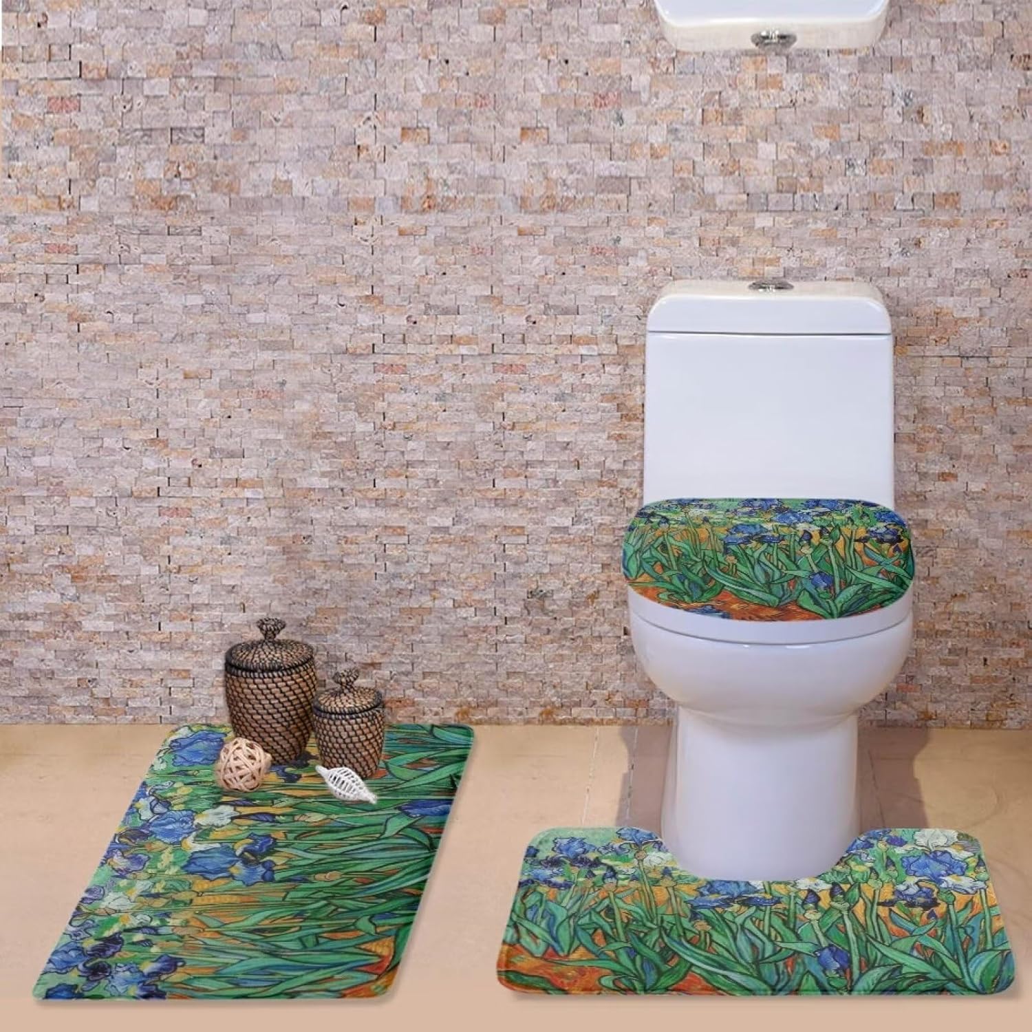 Flashideas Van Gogh Iris 3 Piece Bathroom Rug Set Includes Bath Rug Toilet Lid Cover and Contour Mat Ultra Soft Bath Mat Non-Slip and Super Absorbent Bathroom Rug