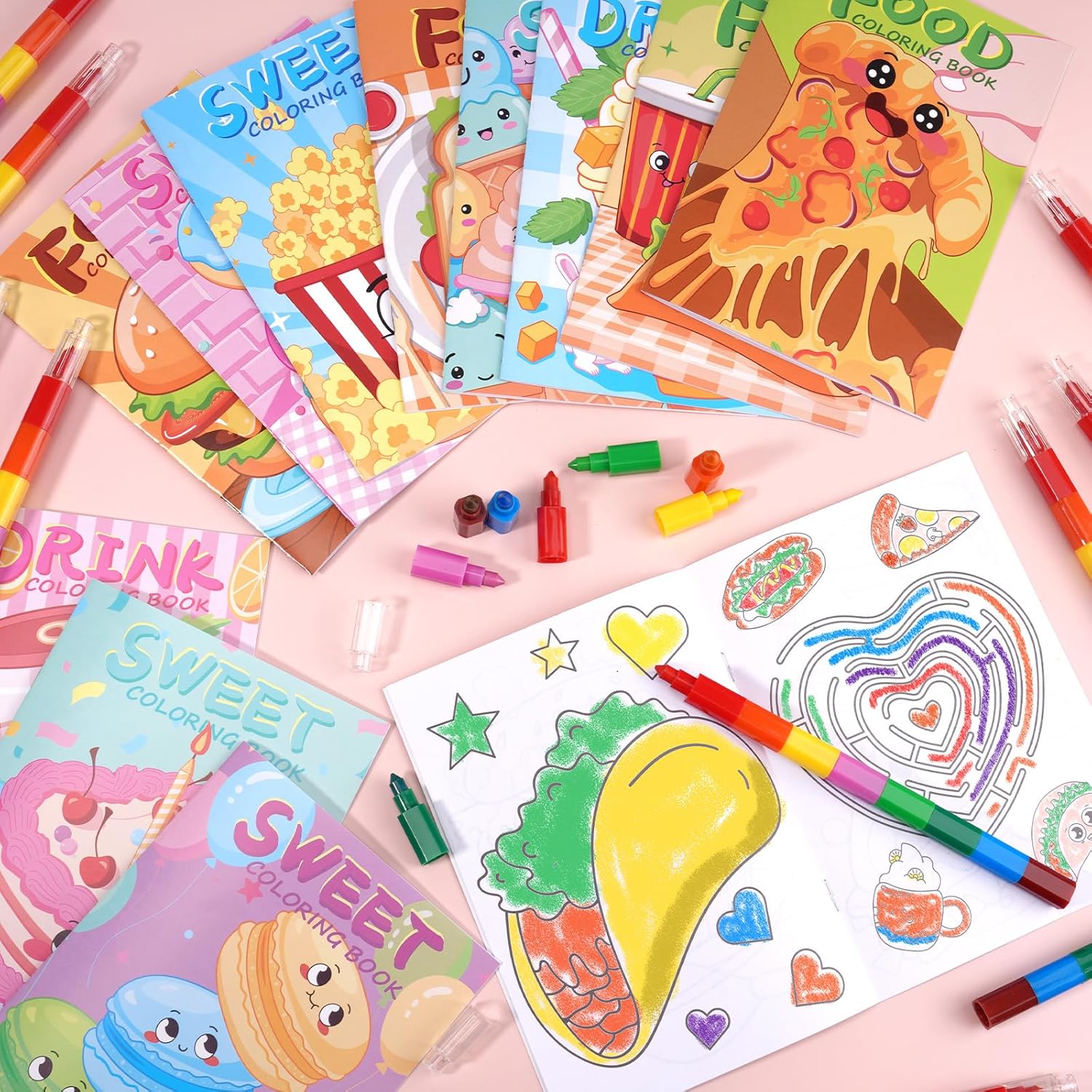 BenLouis 24 Fast Food Mini Coloring Books Kids with 24 Stacking Crayons Snacks Donut Pizza Party Favors Activity Books Bulk for Kids Delicious Fast Food Goodie Bag Gift Stuffer Classroom Reward
