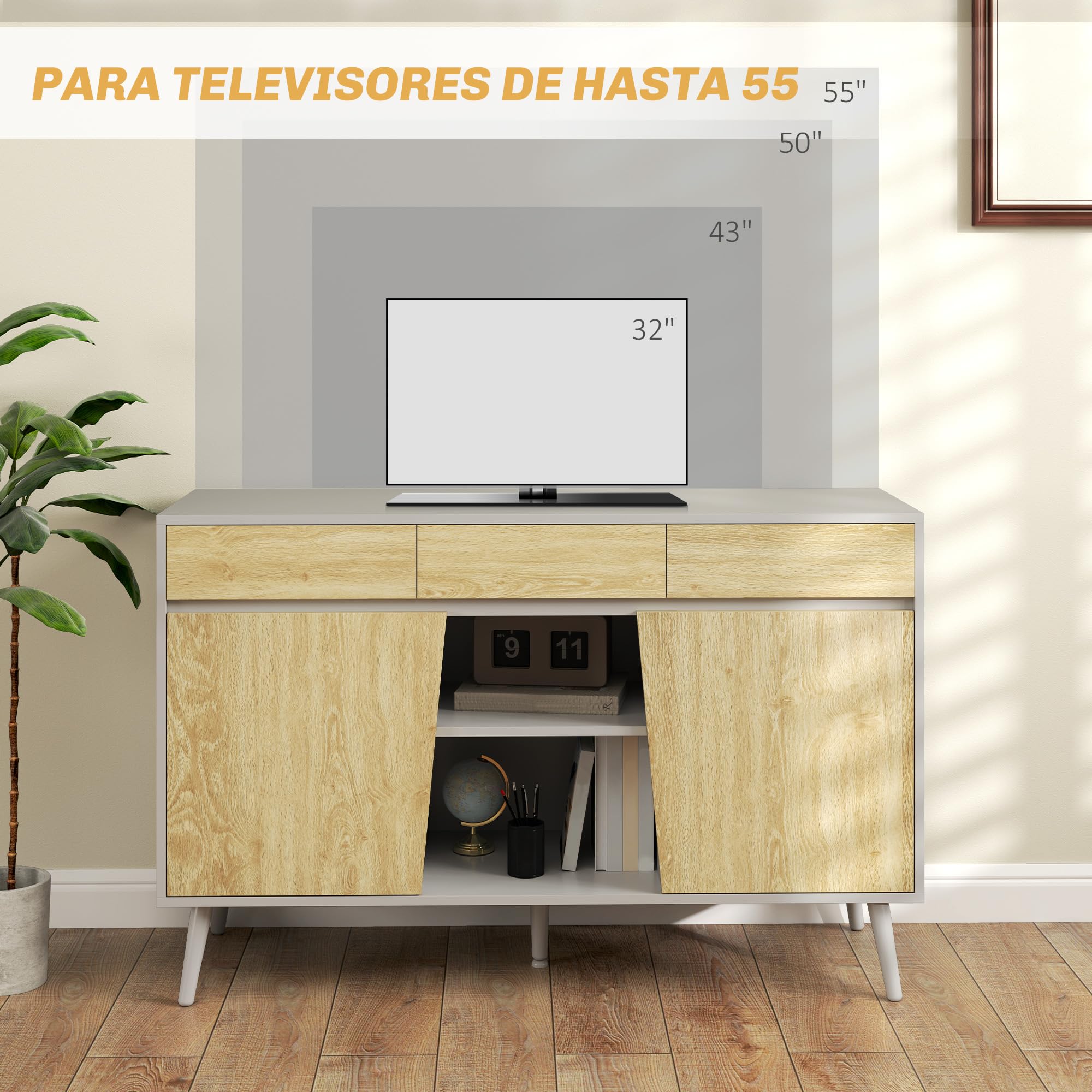 HOMCOM Aparador de 2 Puertas con 3 Cajones 120x39x77 cm Blanco y Natural | Aparador de Salón, Estantes, Mueble para TV, para Dormitorio, Sala de Estar