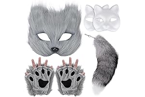 White Cat Mask and Tail Set, Wolf Mask with Faux Fur Ears for Adults