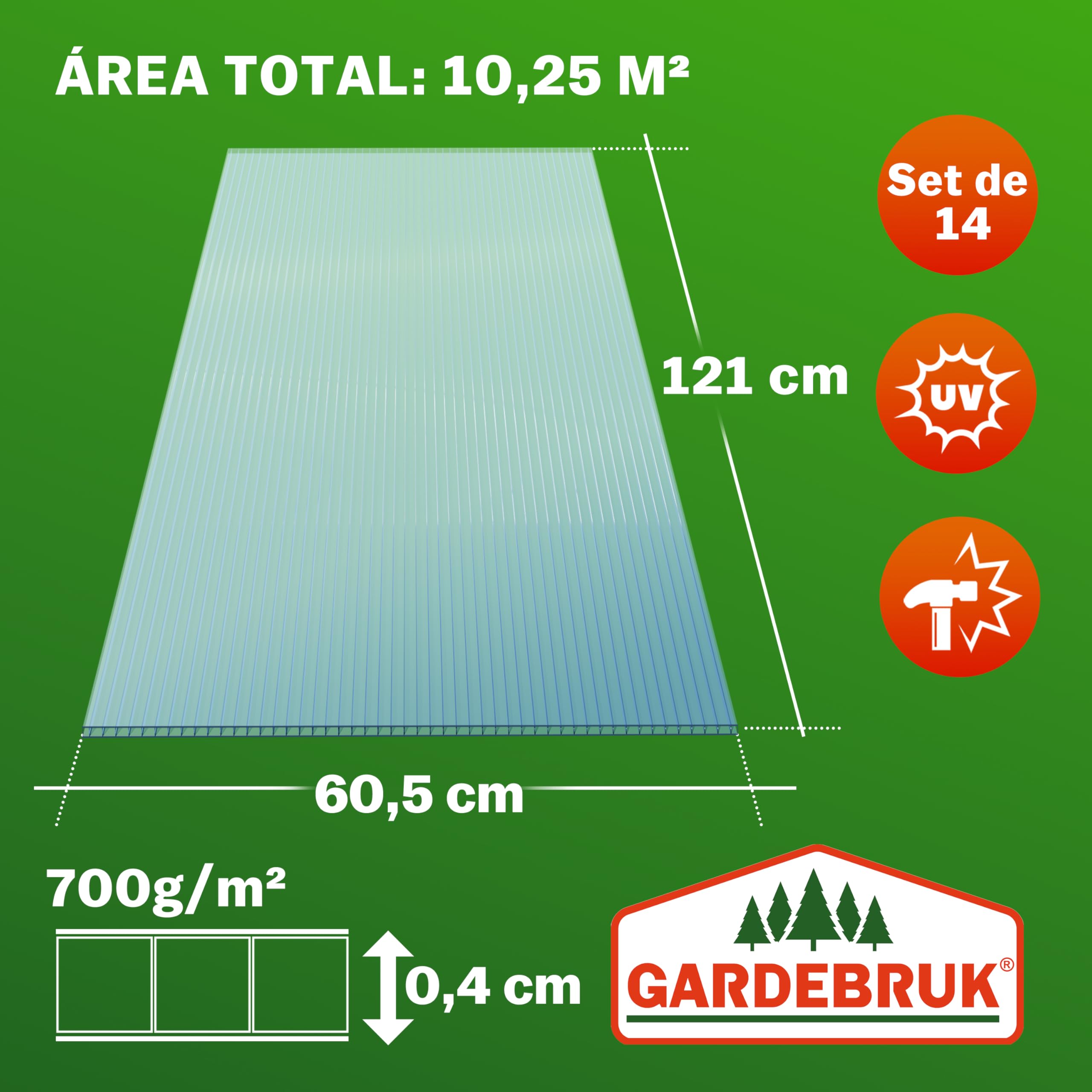 Gardebruk Set 14x Placas Policarbonato Doble Pared +50x Abrazaderas Acero Inox. Multiusos 10,25m²