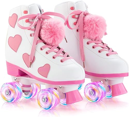 Miniatura 11 de Patines clásicos para mujeres y niñas con ruedas iluminadas y patrón de corazón de amor, patines de cuero PU de caña alta.. Púrpura,Negro