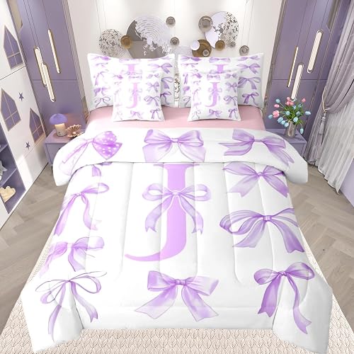 Feelyou Kawaii Purple Bow Comforter Set Full Size Cute 7 Pieces Initial J