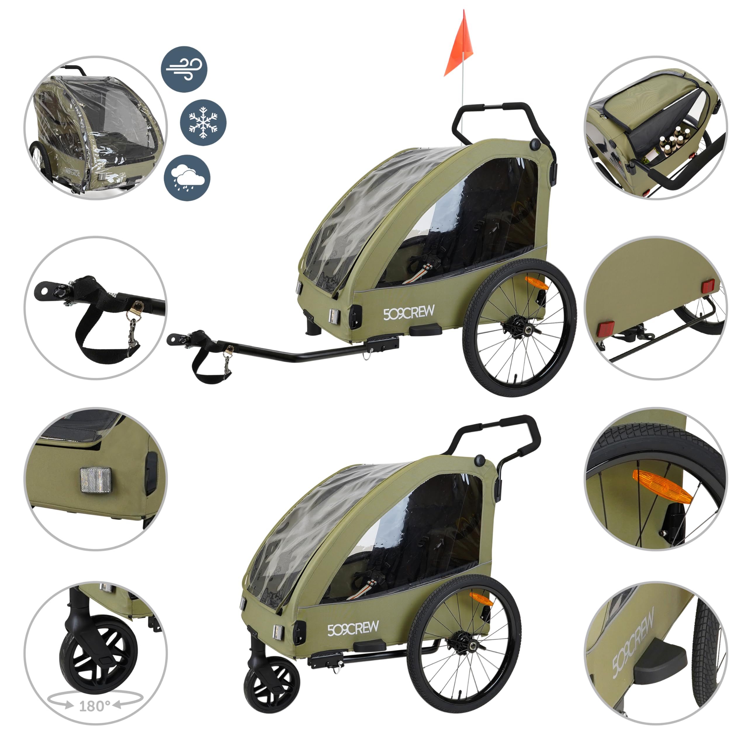 509 Trailer II, Multi Use Bicycle Trailer for Kids from 6m Up, for Pet, for Cargo, Convertible to 3-Wheel Push Wagon, Max Load 50kg, Include Raincover