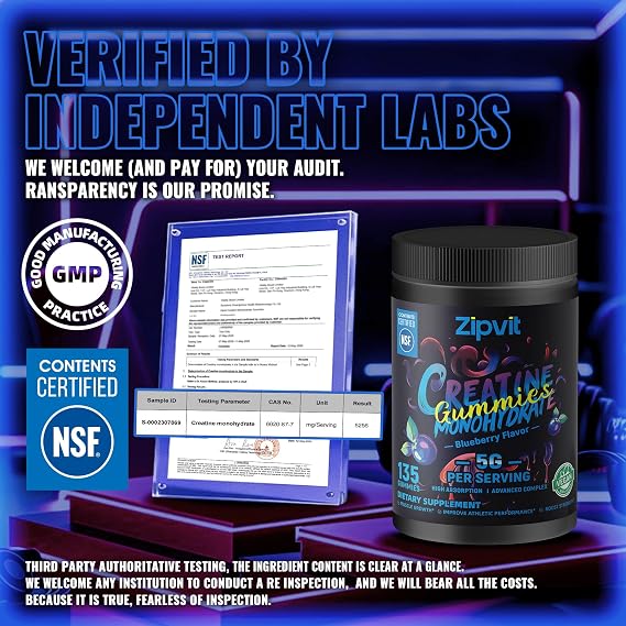 Creatine Monohydrate Gummies, NSF Certified Creatine Gummy, 5g Dose for Men & Women to Support Muscle, Strength, Recovery, Cognitive Health & Memory, Blueberry Flavor, 135 Gummies