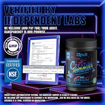 Creatine Monohydrate Gummies, NSF Certified Creatine Gummy, 5g Dose for Men & Women to Support Muscle, Strength, Recovery, Cognitive Health & Memory, Blueberry Flavor, 135 Gummies