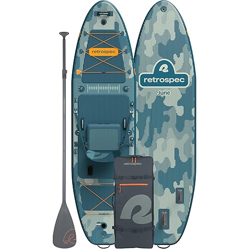 Retrospec June Inflatable Fishing Paddle Board 11’6” with Removable Seat – Puncture-Resistant Paddle Board for Fishing with Rod Holders, Non-Slip Deck Pad & Accessories