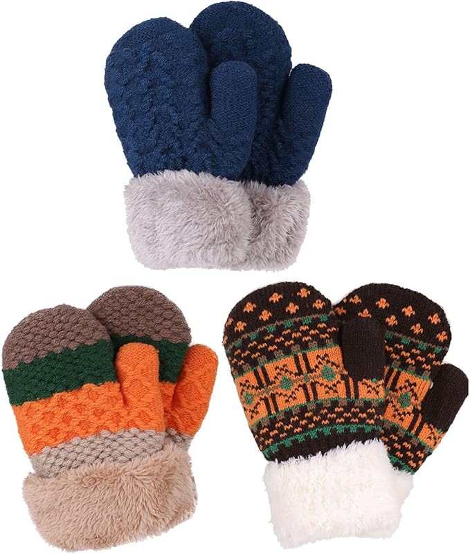 Kids Winter Mittens Sherpa Lined Knitted Gloves Boys Girls