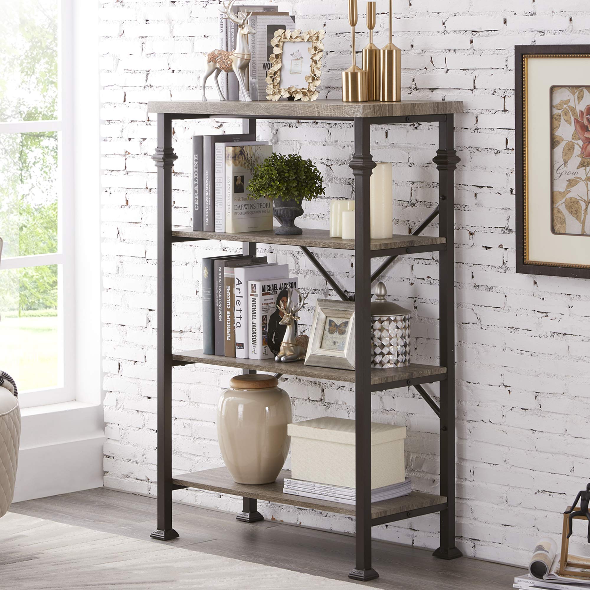 Hombazaar 4Tier Industrial Bookcases, Vintage Open Etagere Bookshelf