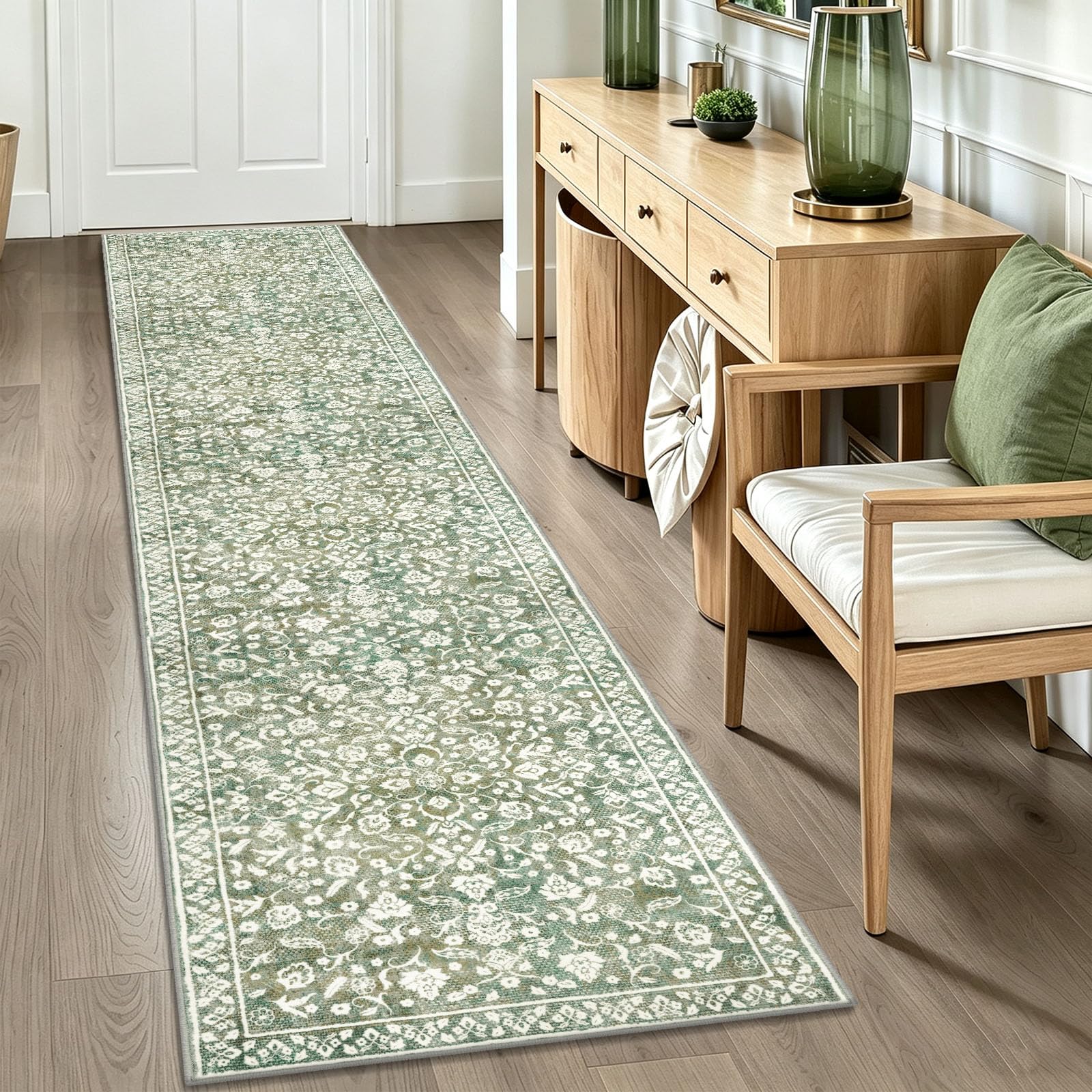 Tapis de Couloir Vintage pour Couloir, 61 x 3 cm, Vert Sauge, Beige, Tapis de Couloir Long, antidérapant, Super Doux, imprimé Floral en Fausse Laine pour entrée, Chambre à Coucher