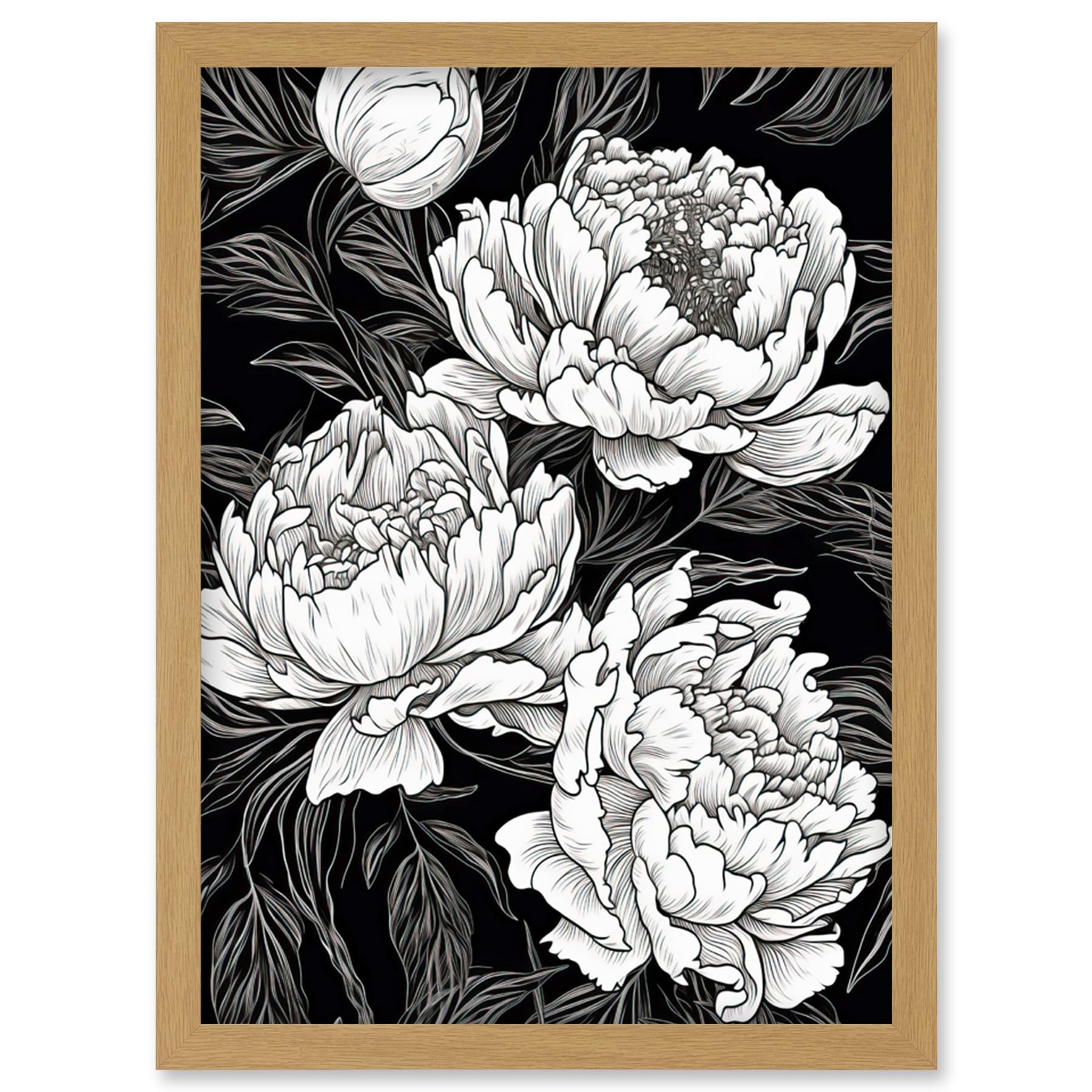 Artery8 Peony Flower Blooms White on Black Illustration Artwork Framed Wall Art Print A4
