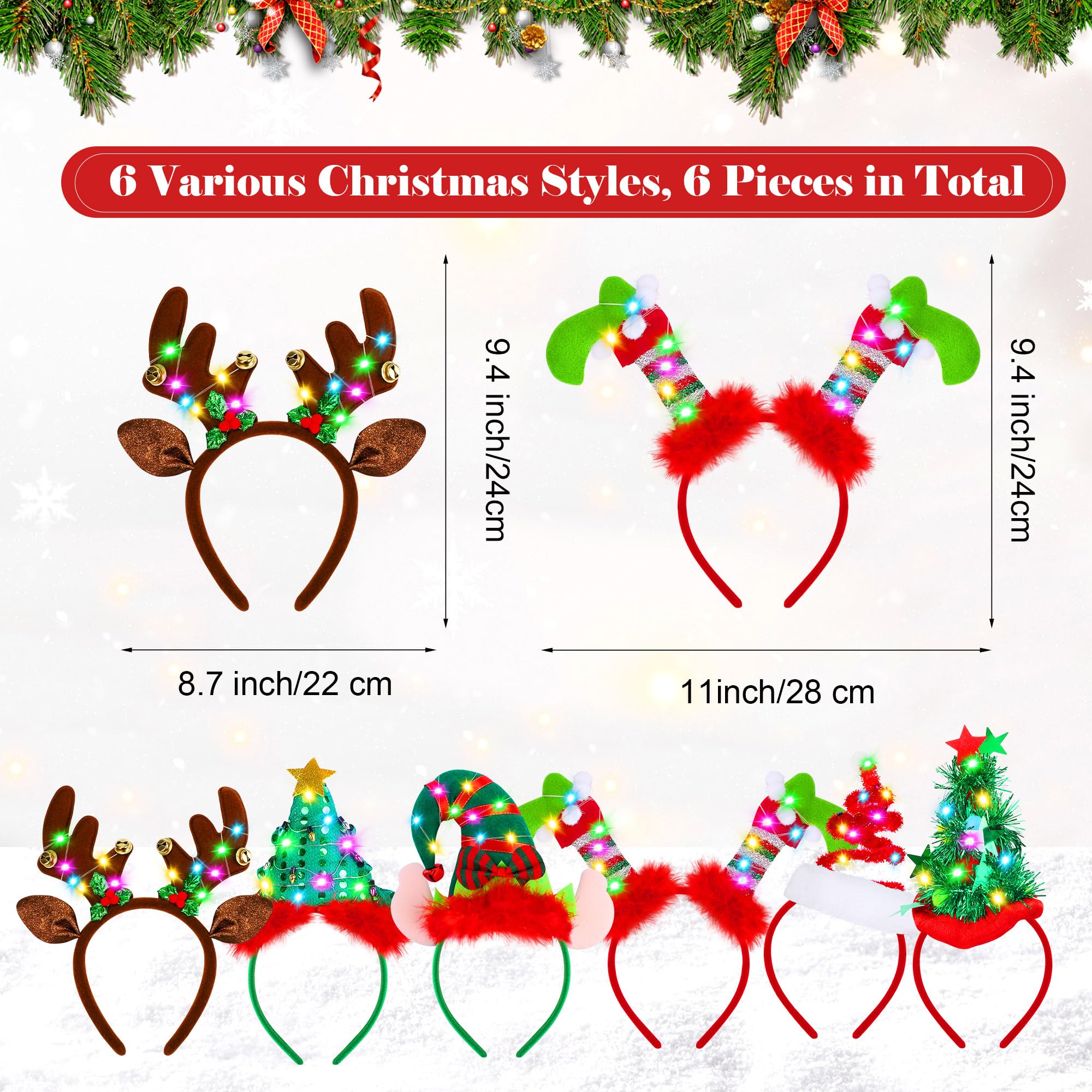 Aodaer Lot de 6 bandeaux de Noël à LED assortis pour sapin de Noël et renne