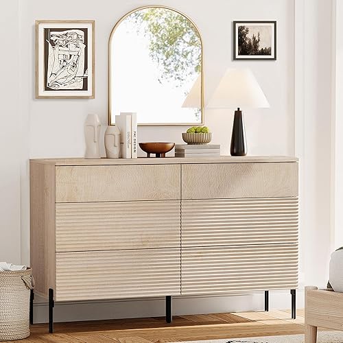WAMPAT Fluted Dresser for Bedroom with 6 Drawers, 47.2" W Modern Dresser TV Stand with Metal Handle, Wood Wide Chest of Drawers Closet Clothes Storage Organizer for Bedrpom,Living Room, Hallway, Beige