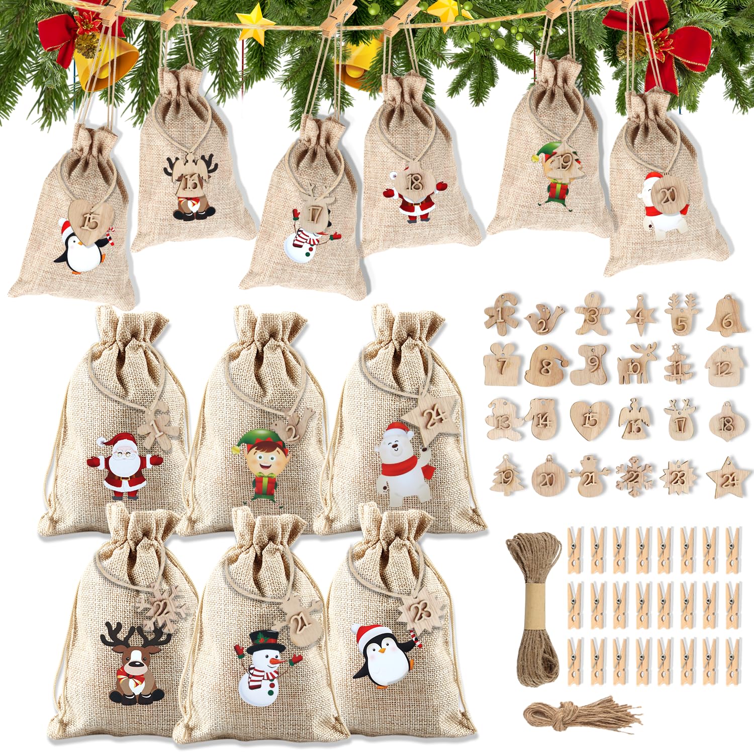 24 Sacchetti Di Stoffa Per Calendario Dell'Avvento, Sacchetti Di Iuta Per Calendario Dell Avvento Fai Da Te Blu Bianco Grigio 93022361