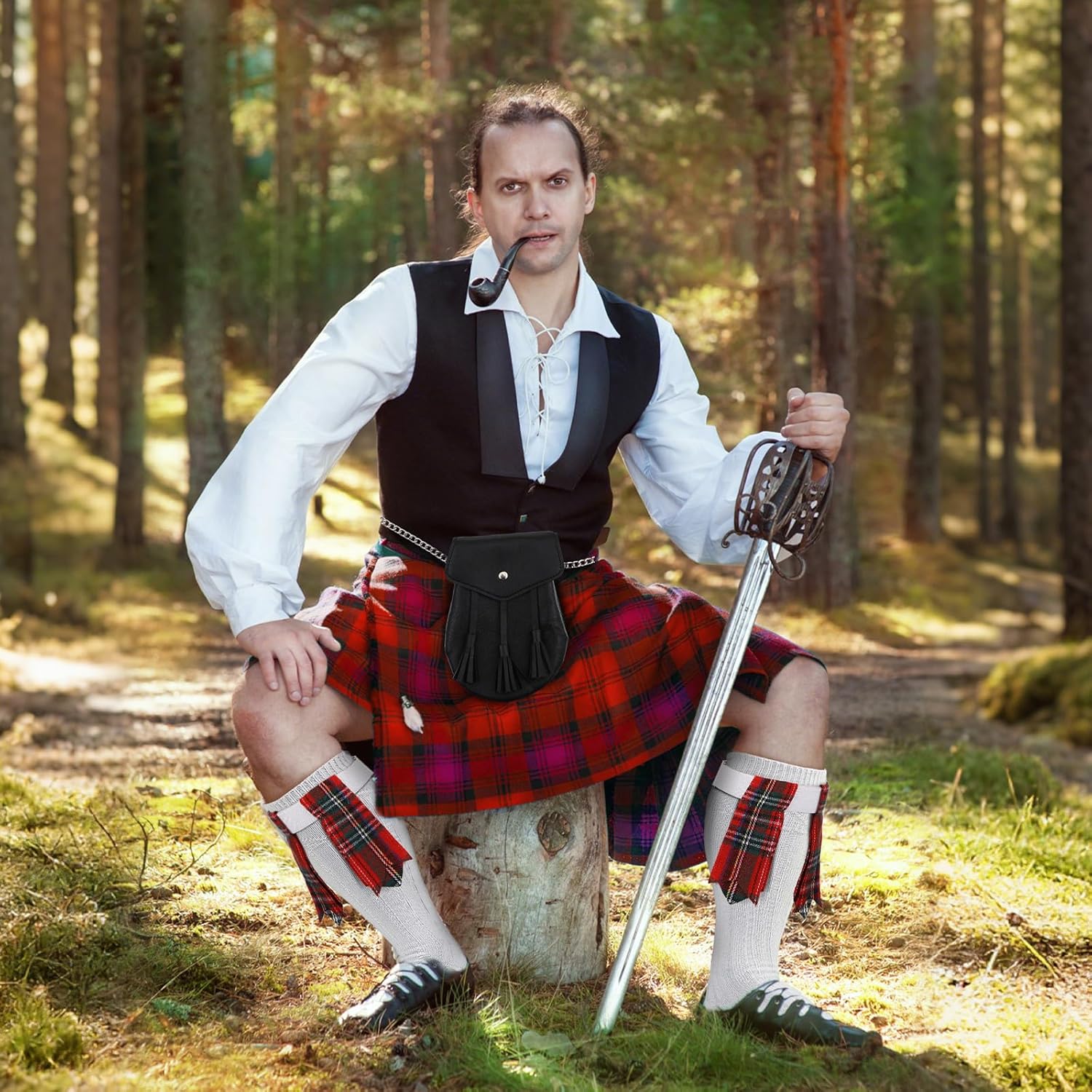 3 Pcs Men's Scottish Kilt Accessories Sets Irish Traditional Scottish Socks Tartan Hose Flashes Sporran with Chain - Image 4