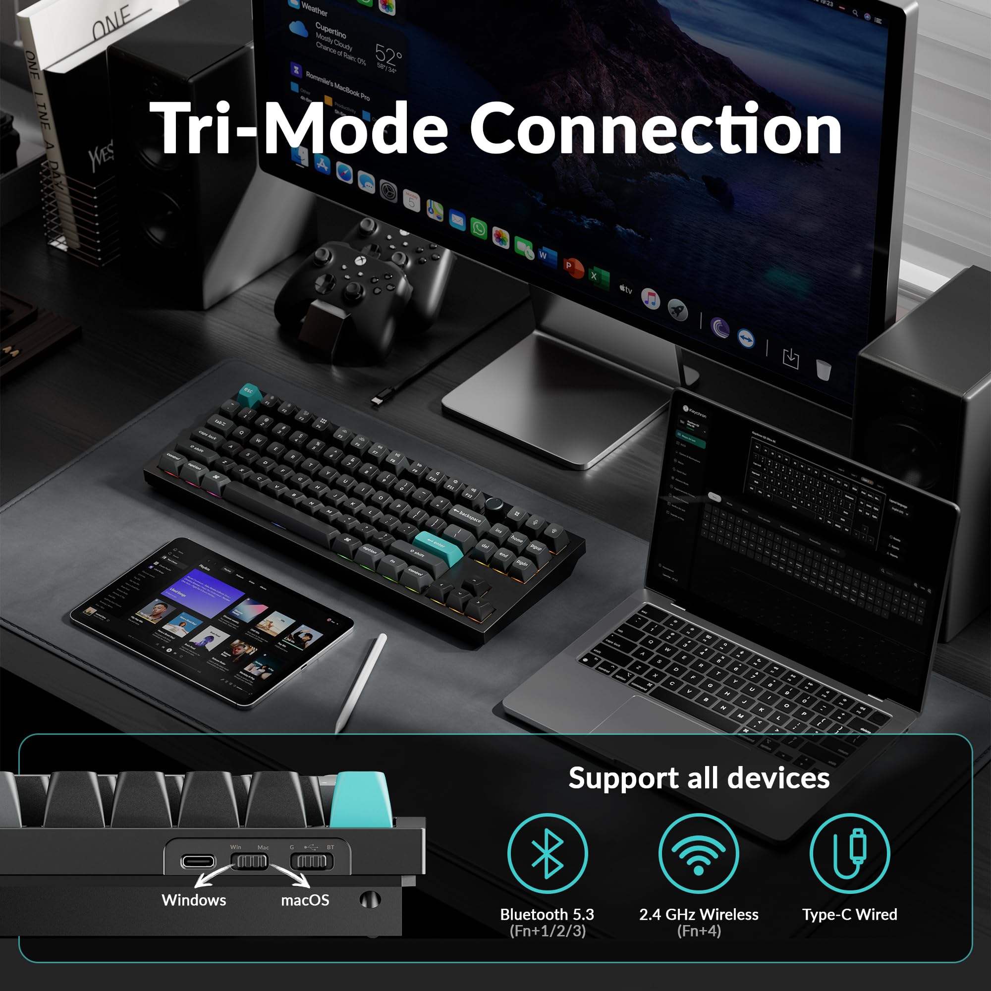 Keychron Q3 Ultra Wireless Mechanical Keyboard 8KHz Polling Rate, TKL 2.4G/Bluetooth 5.3/Wired Up to 660 Hours Long Battery Life, Hot-Swappable Aluminum RGB Gaming ZMK for Mac/Windows/Linux-Black — view 5