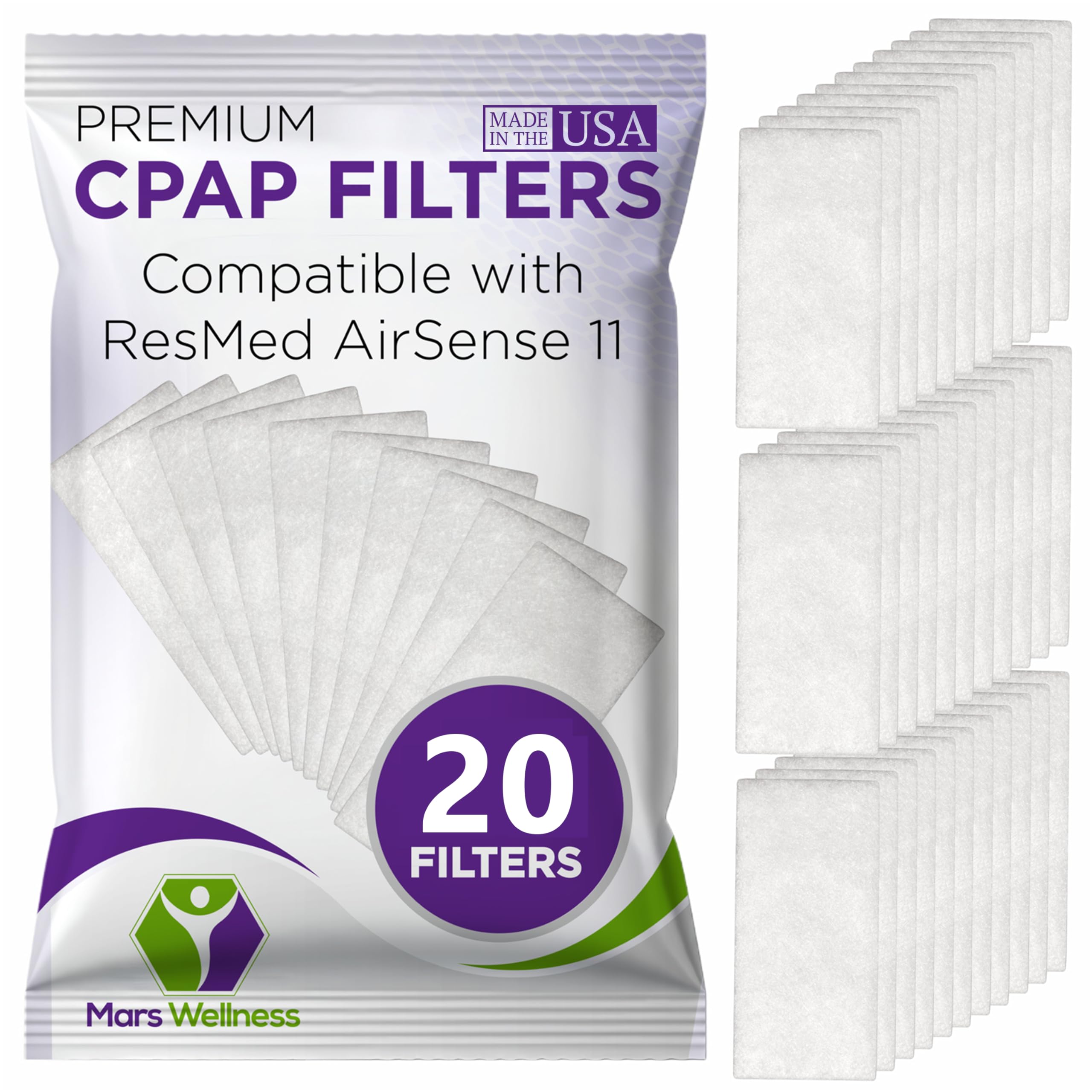 CPAP Filters Compatible with ResMed Airsense 11 Filters - Disposable Felt air Filter - 20 Pack - Made in The USA CPAP Filter Supplies Series Machines - by Mars Wellness