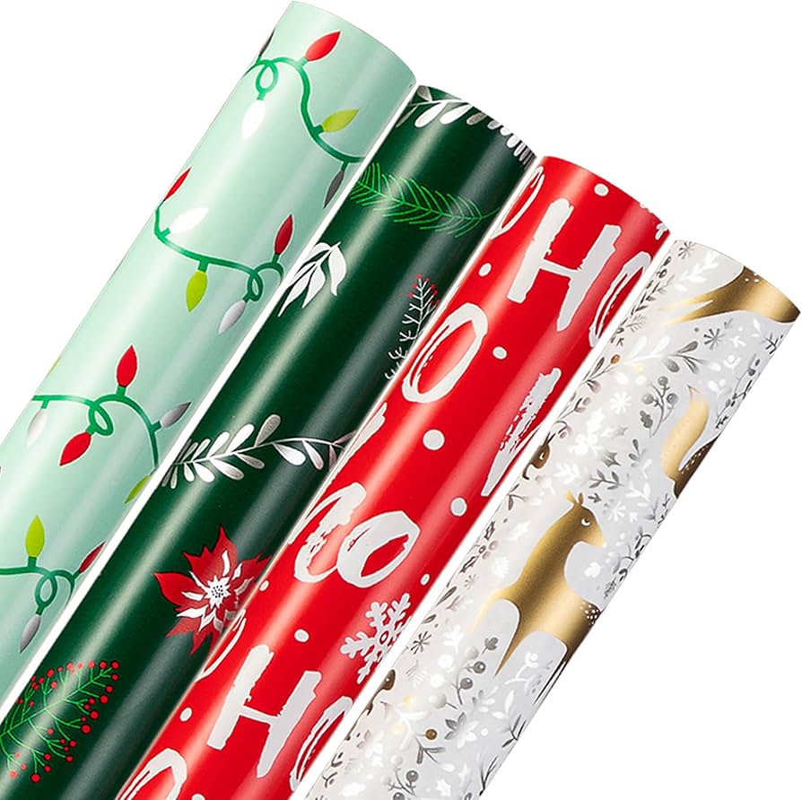 Cherubfunz Christmas Wrapping Paper For Gifts(4 Rolls: 148 Sq. Ft. Ttl) Reindeer, Christmas Pine Tree Leaf, Snowflakes, Rabbit Squirrel Bir