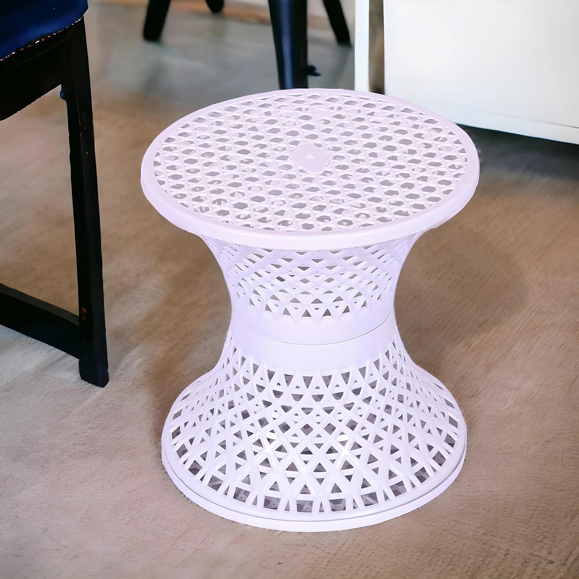Kuber Industries Plastic Seating Stool | Both Sided Mesh Damroo Style Stool for Graden, Balcony, Kitchen | White