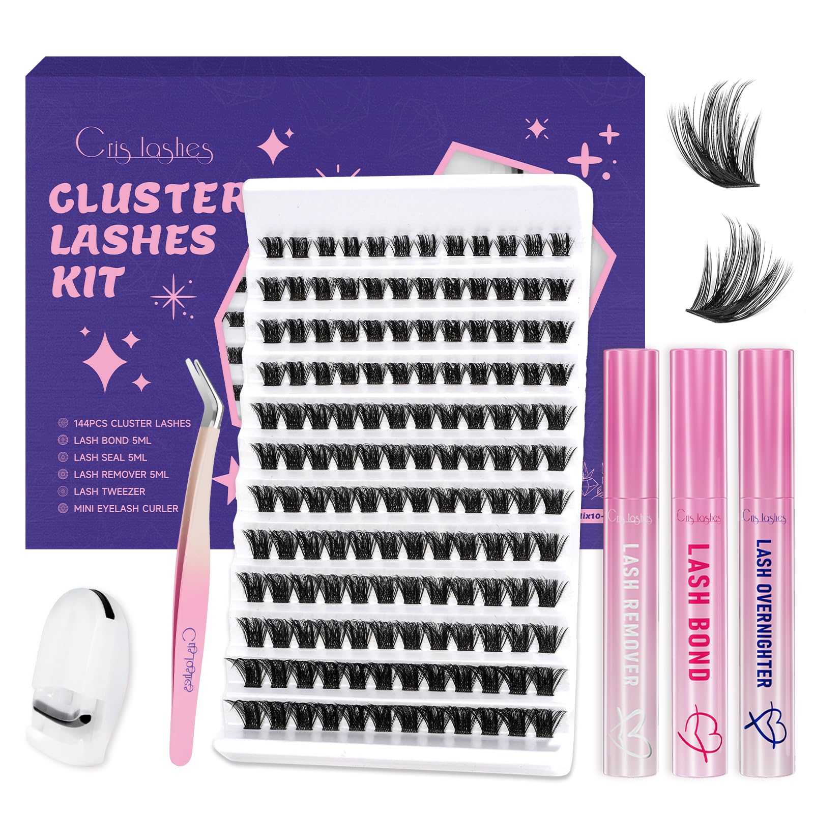 Crislashes Kit de Pestañas Postizas, 144 piezas Pestañas D Curl 10-18 mm, Pegamento y Removedor de Pestañas Postizas Pelo a Pelo, con Rizador de Pestañas, Kit de Extensión de Pestañas (Kit 6pcs)