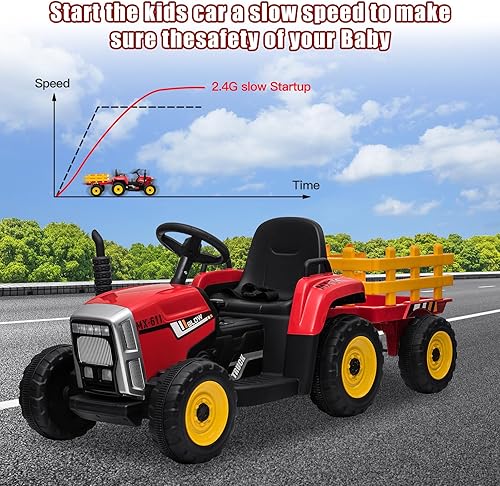 Miniatura 2 de SEHOMY Tractor de paseo para niños con remolque y motores duales de 25 W, batería de 12 V, vehículo eléctrico para niños con control remoto, cambio