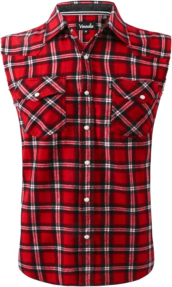 Mens Casual Flannel Plaid snap Shirt Sleeveless with Pocket at Amazon