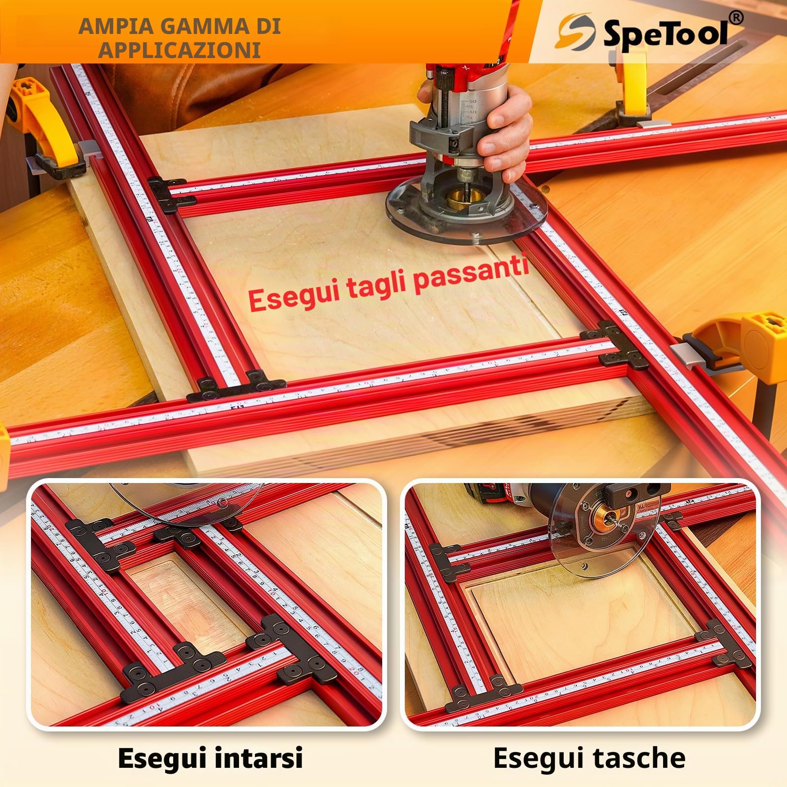 SpeTool Stencil di Fresatura Regolabile per Piani di Lavoro 650 mm x 650 mm - Router Jig per Lavorazione del Legno - Crea Fessure Rettangolari e Quadrate